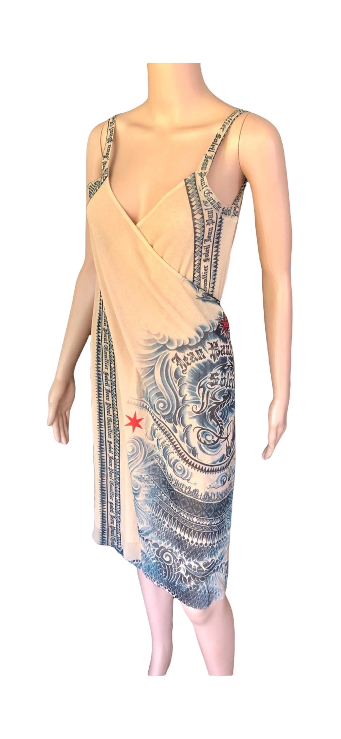 Jean Paul Gaultier Soleil Tattoo Print Semi-Sheer Mesh Wrap Dress For Sale 6