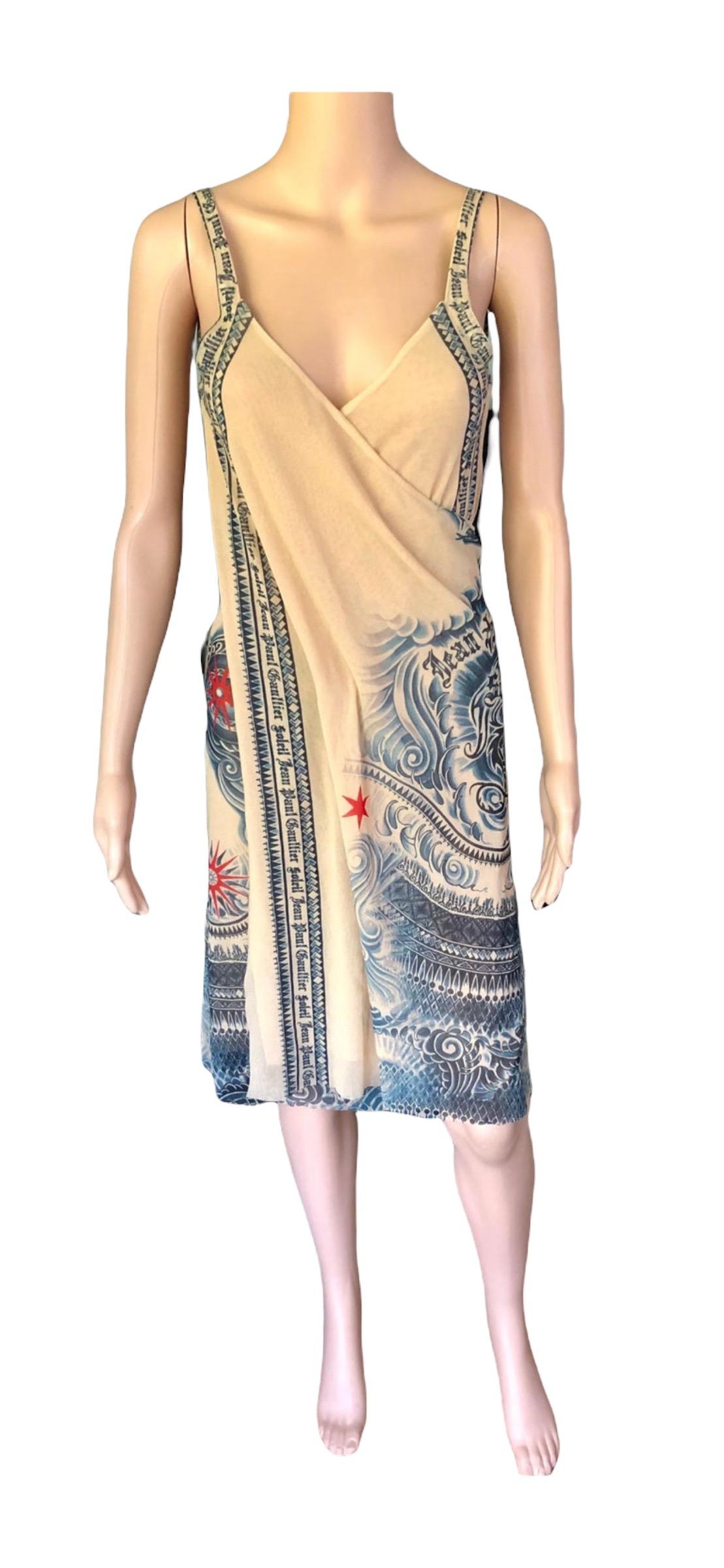 Jean Paul Gaultier Soleil Tattoo Print Halbdurchsichtiges Mesh-Wickelkleid mit Tattoo-Druck im Angebot 10