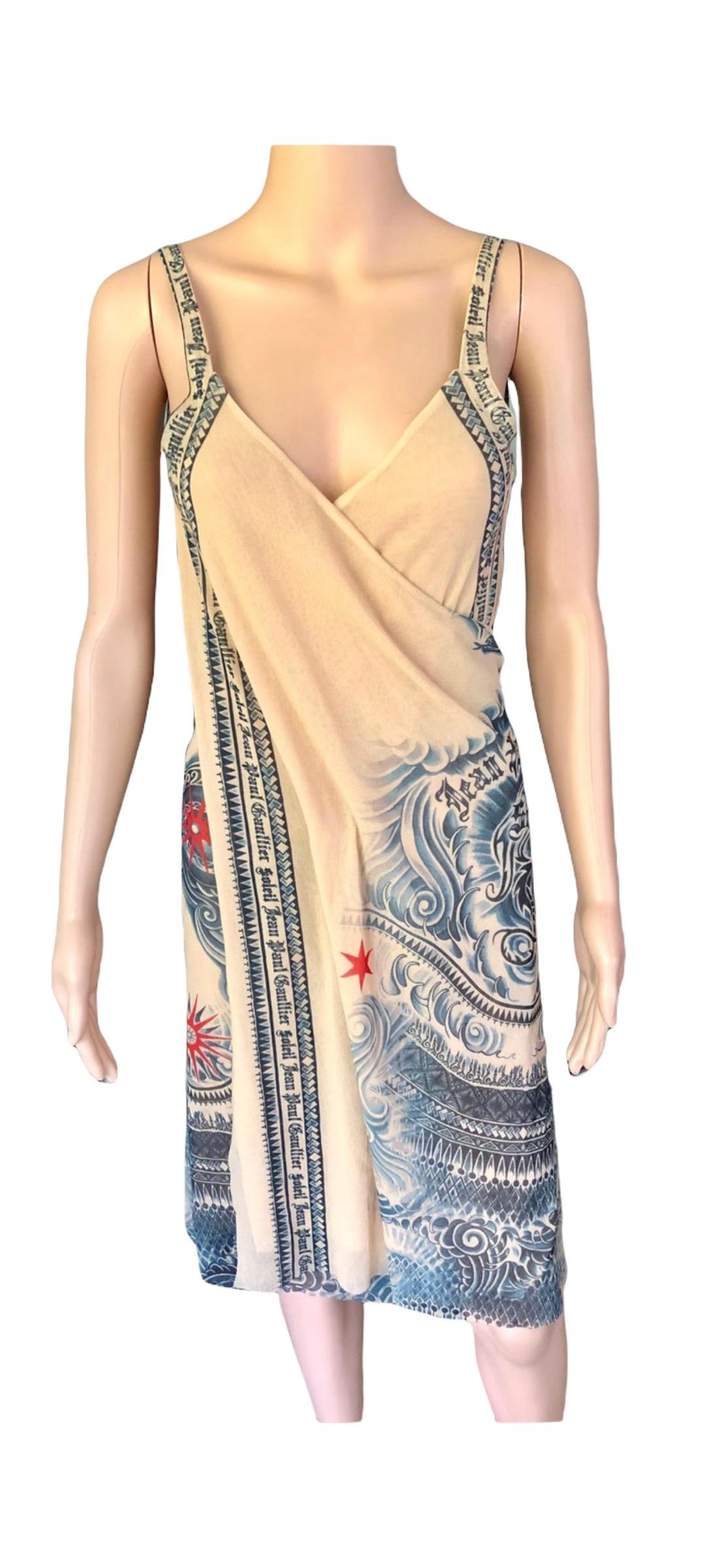 Jean Paul Gaultier Soleil Tattoo Print Semi-Sheer Mesh Wrap Dress For Sale 8