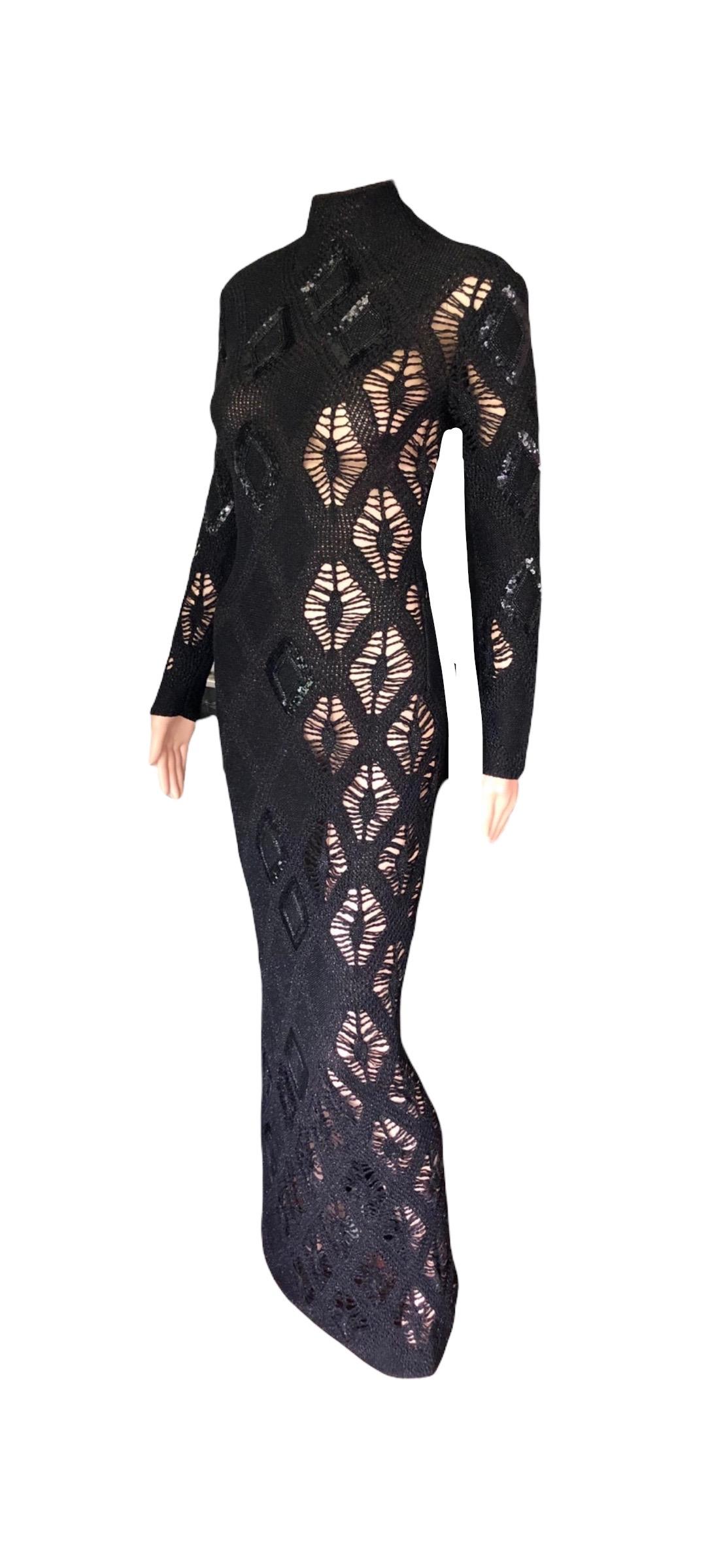 Gianfranco Ferre S/S 2002 Beaded Sequin Sheer Crochet Knit Black Maxi Dress Gown For Sale 6