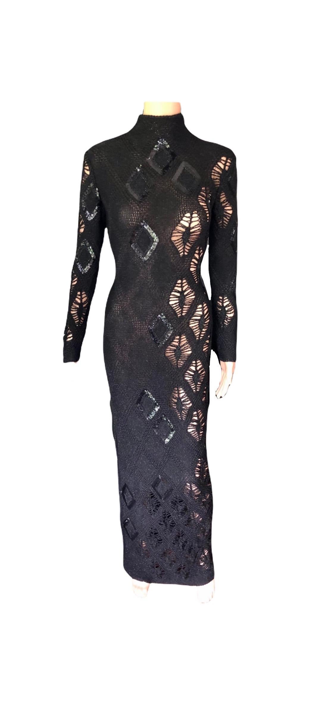 Gianfranco Ferre S/S 2002 Beaded Sequin Sheer Crochet Knit Black Maxi Dress Gown For Sale 7