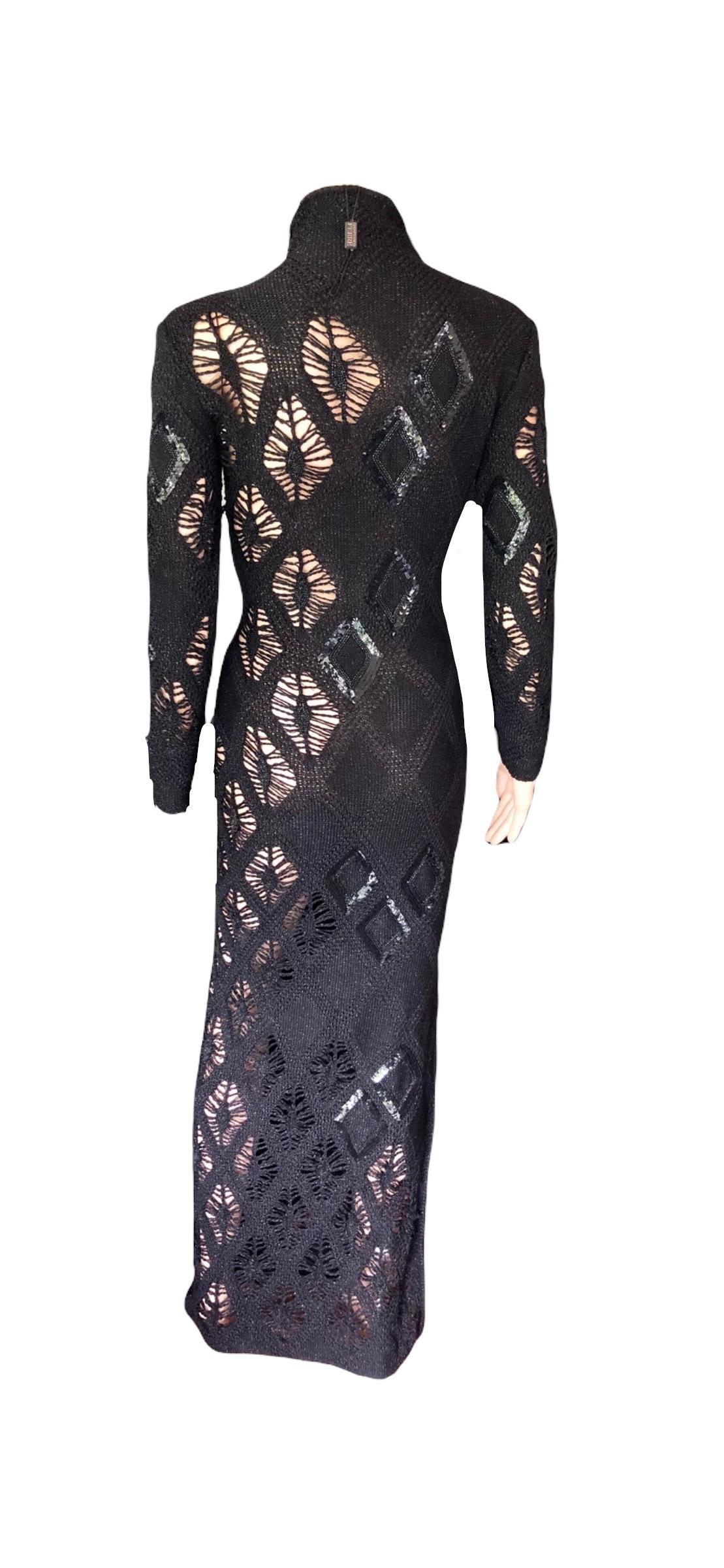 Gianfranco Ferre S/S 2002 Beaded Sequin Sheer Crochet Knit Black Maxi Dress Gown For Sale 8