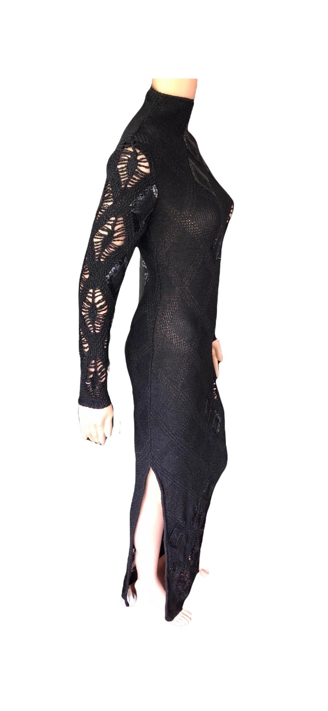 Gianfranco Ferre S/S 2002 Beaded Sequin Sheer Crochet Knit Black Maxi Dress Gown For Sale 10