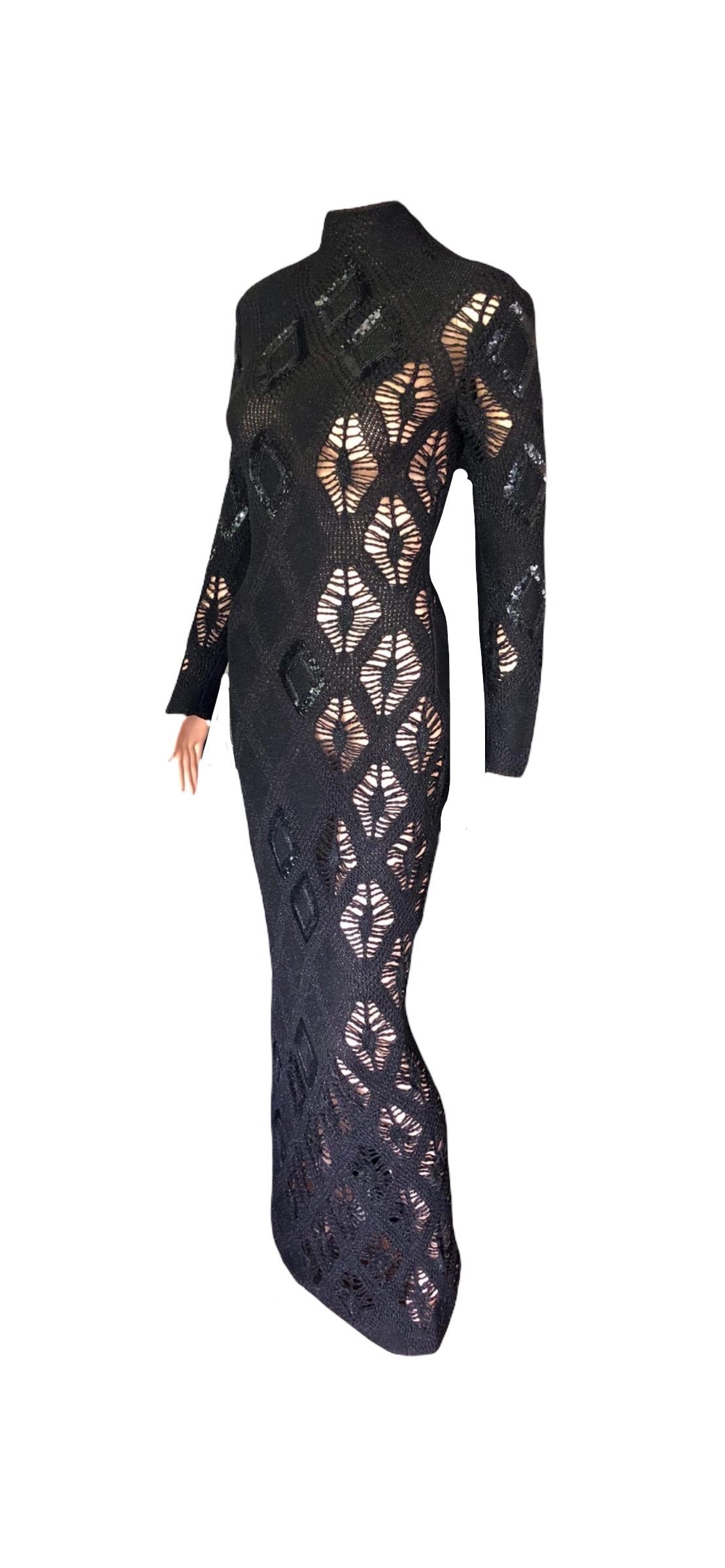 Gianfranco Ferre S/S 2002 Beaded Sequin Sheer Crochet Knit Black Maxi Dress Gown For Sale 9