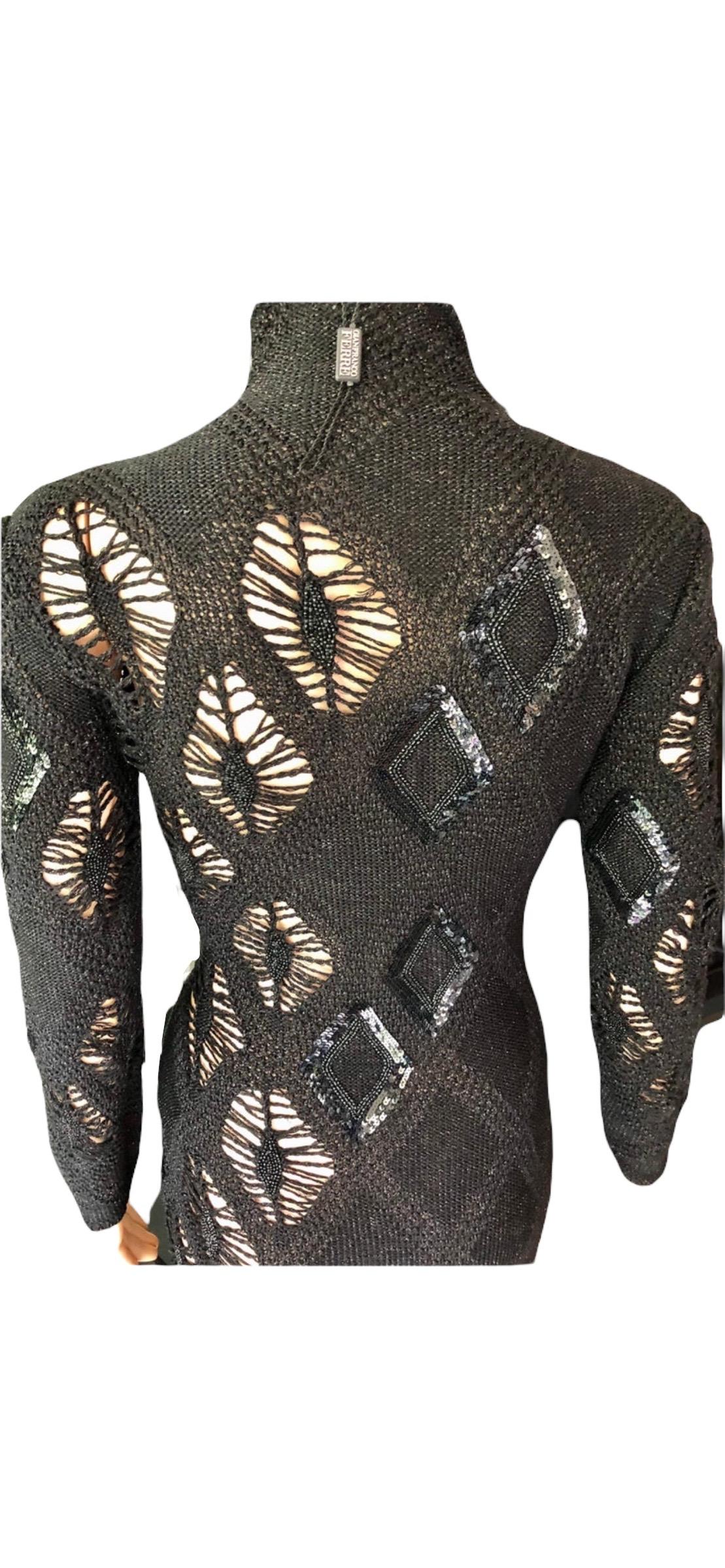 Gianfranco Ferre S/S 2002 Beaded Sequin Sheer Crochet Knit Black Maxi Dress Gown For Sale 11