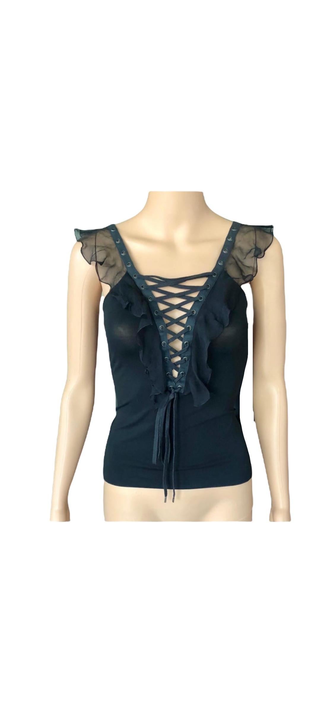 Christian Dior By John Galliano S/S 2003 Plunging Lace Up Tie Up Black Top For Sale 1