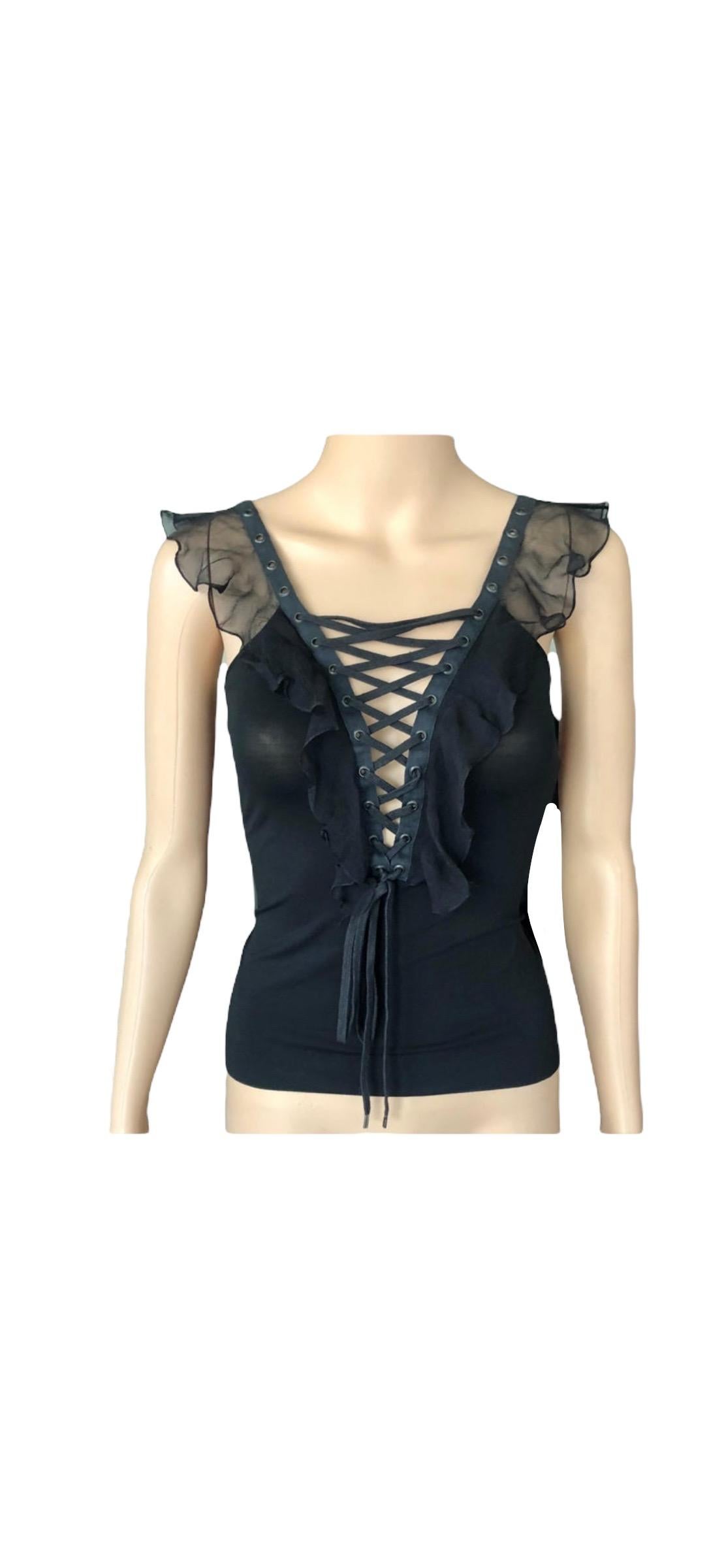 Christian Dior By John Galliano S/S 2003 Plunging Lace Up Tie Up Black Top For Sale 3