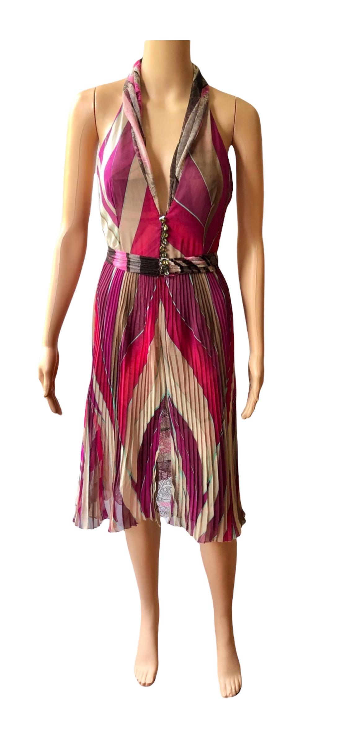 Gianni Versace F/W 2000 Runway Plunged Geometric Print Open Back Pleated Dress For Sale 2