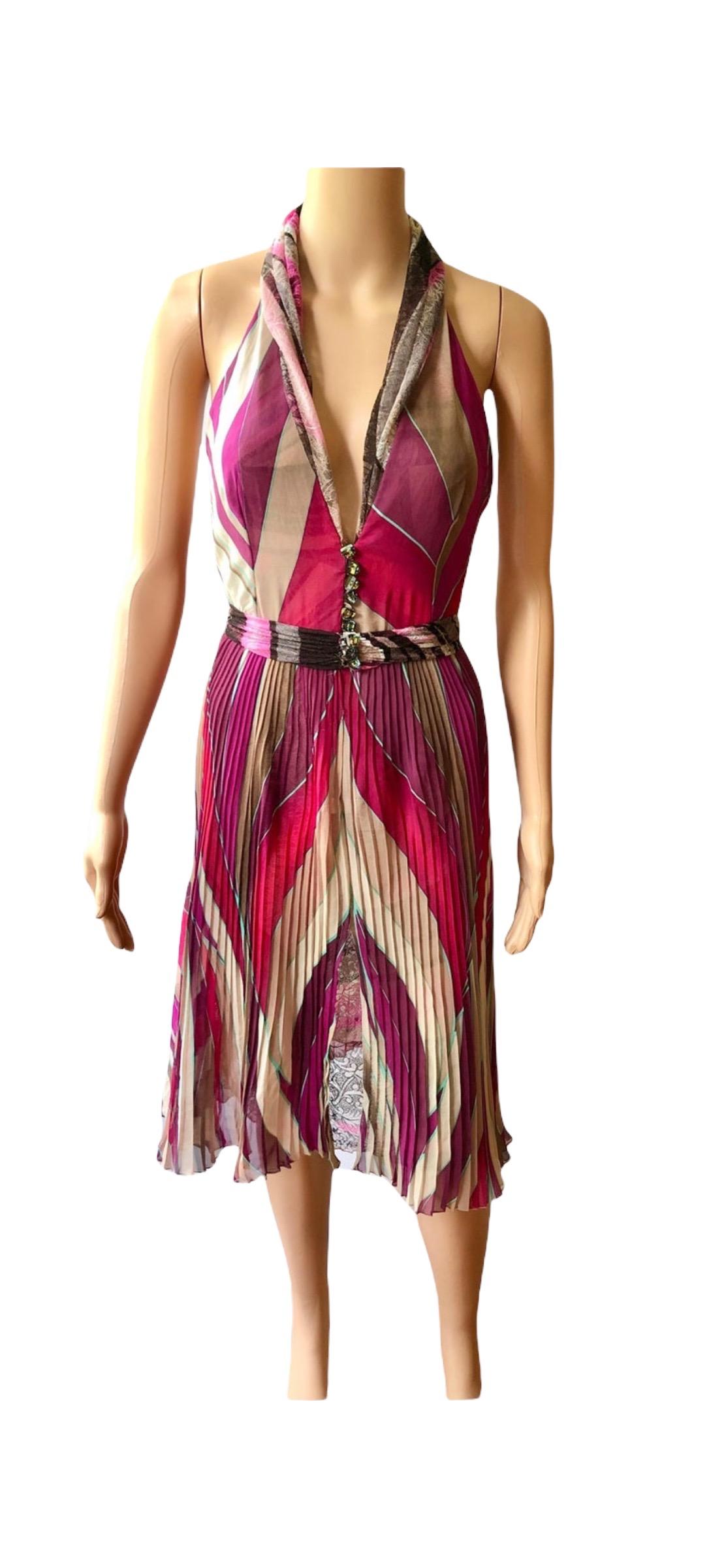 Gianni Versace F/W 2000 Runway Plunged Geometric Print Open Back Pleated Dress For Sale 4