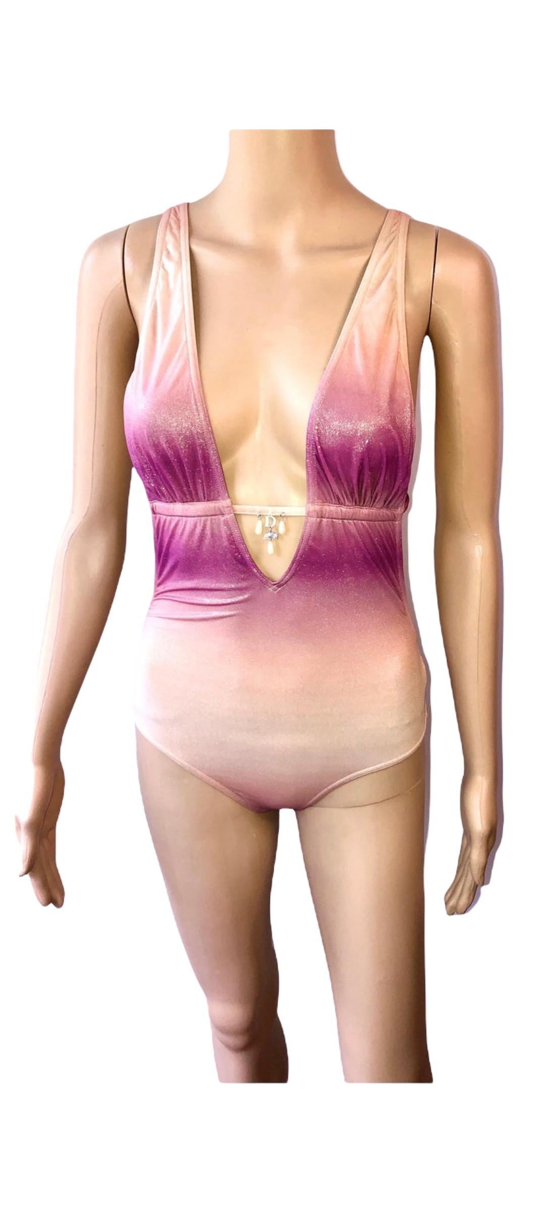 Christian Dior by Galliano S/S 2000 Swarovski Logo Metallic Swimwear Swimsuit For Sale 3