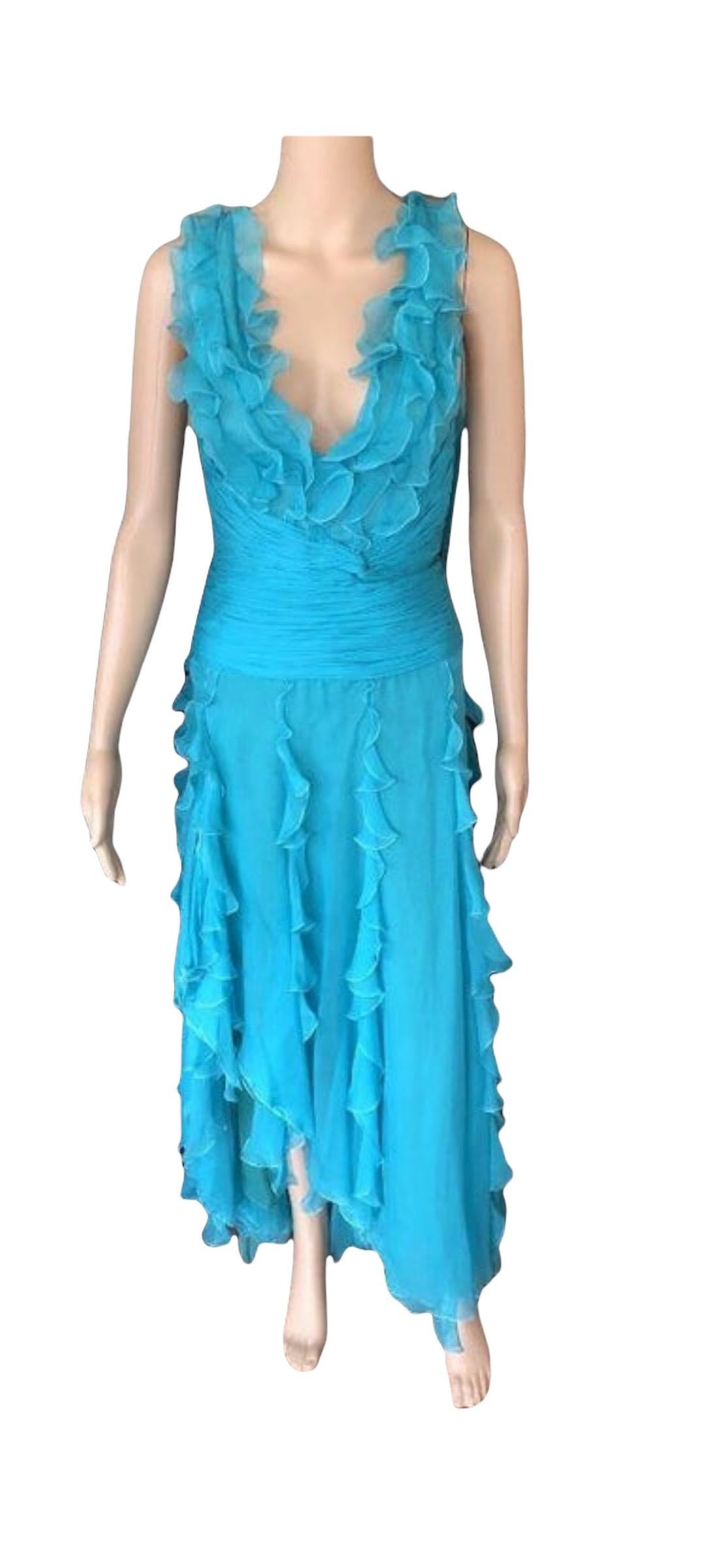 Blue Versace S/S 2004 Halter Open Back Ruffles Turquoise Evening Dress Gown 