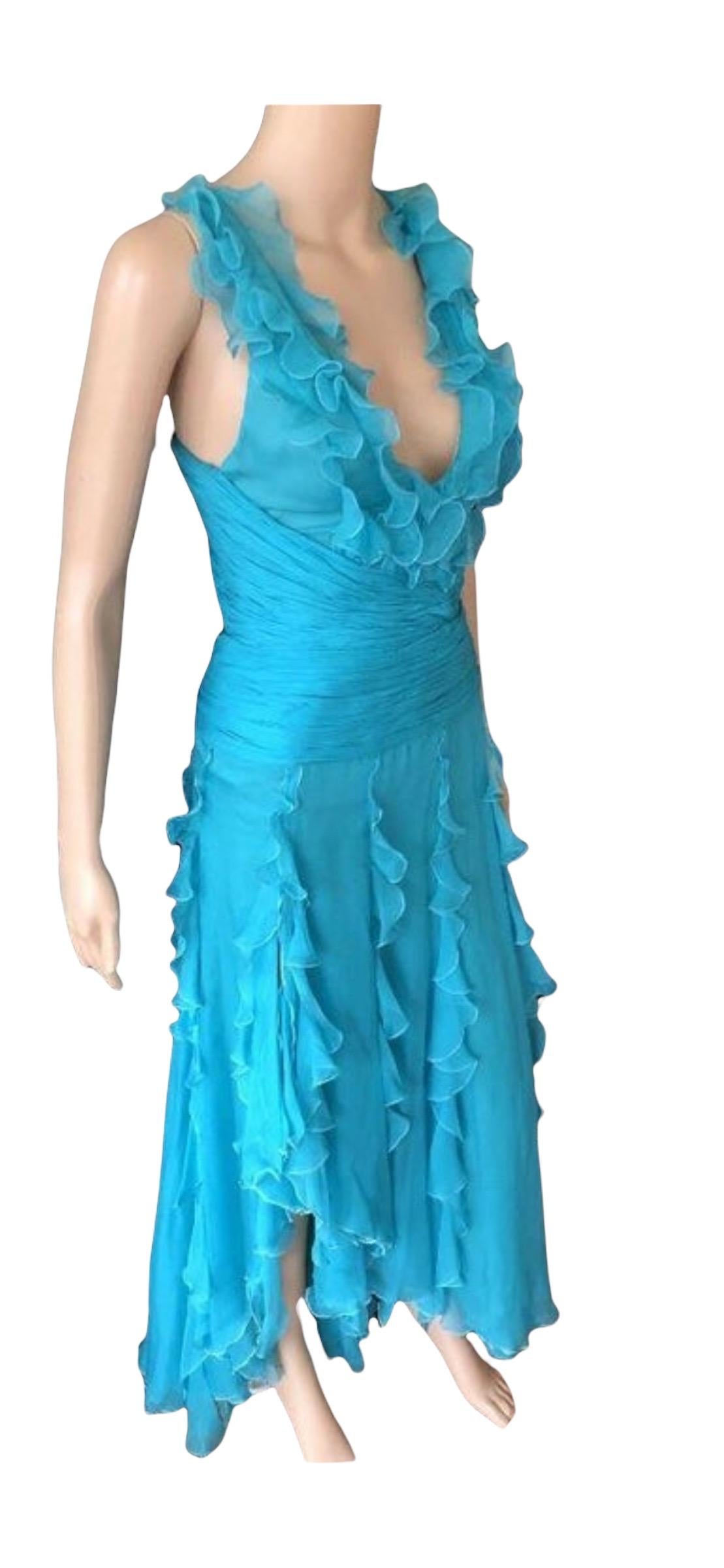 Versace S/S 2004 Halter Open Back Ruffles Turquoise Evening Dress Gown  In Good Condition In Naples, FL