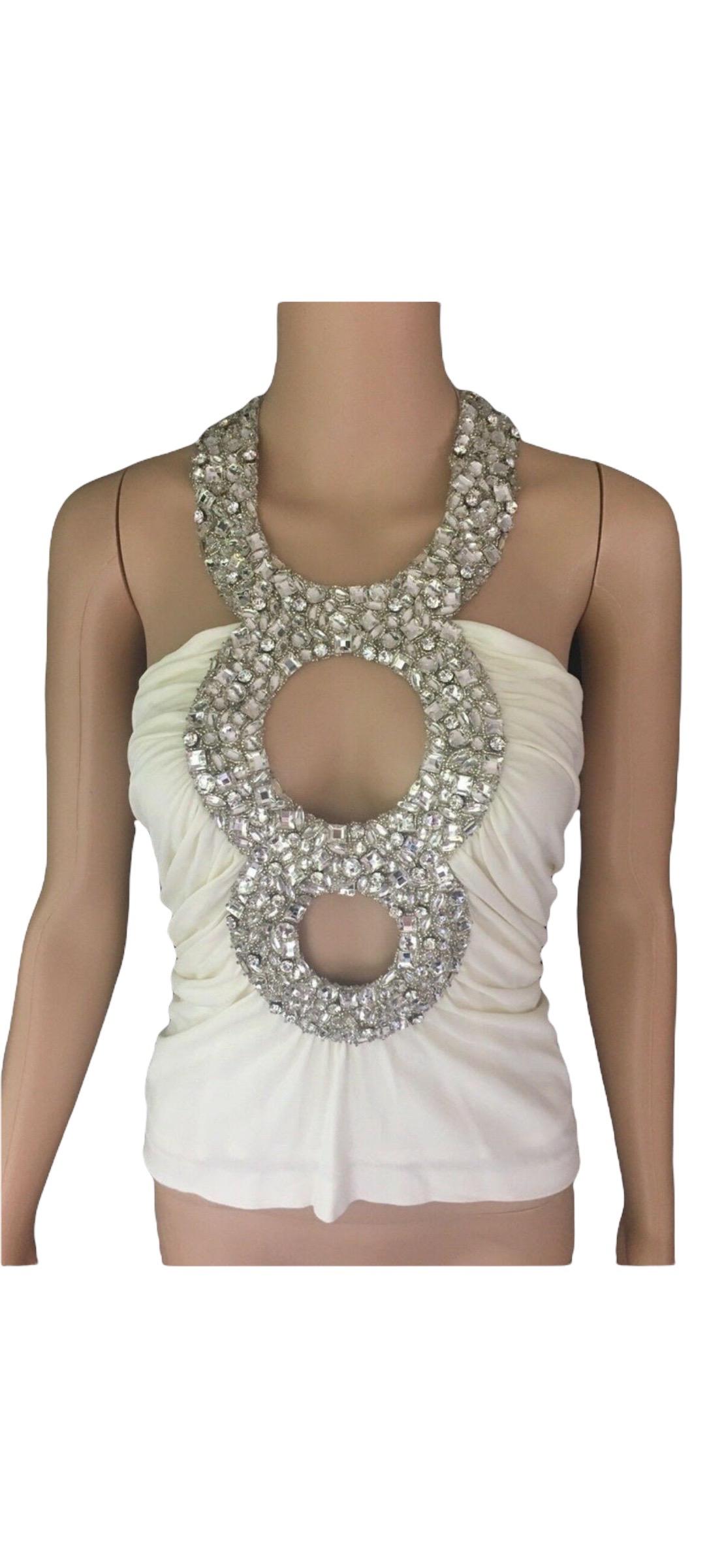 Women's Azzaro Couture Iconic Crystal Embellished Cutout White Top 