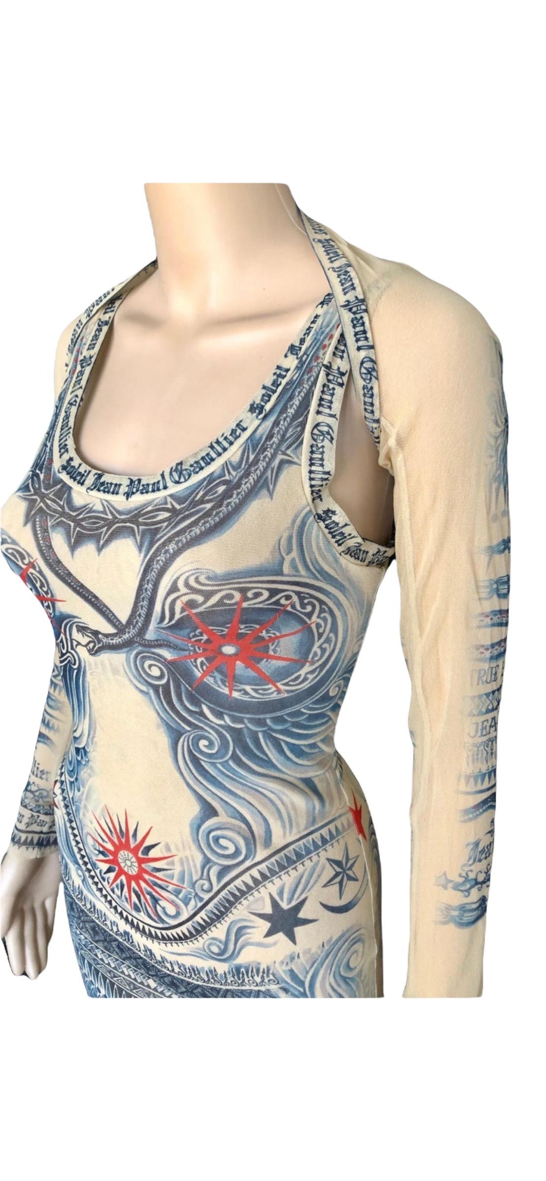 Jean Paul Gaultier Soleil Vintage Tattoo Bodycon Mesh Bolero Dress 2 Piece Set In Good Condition In Naples, FL