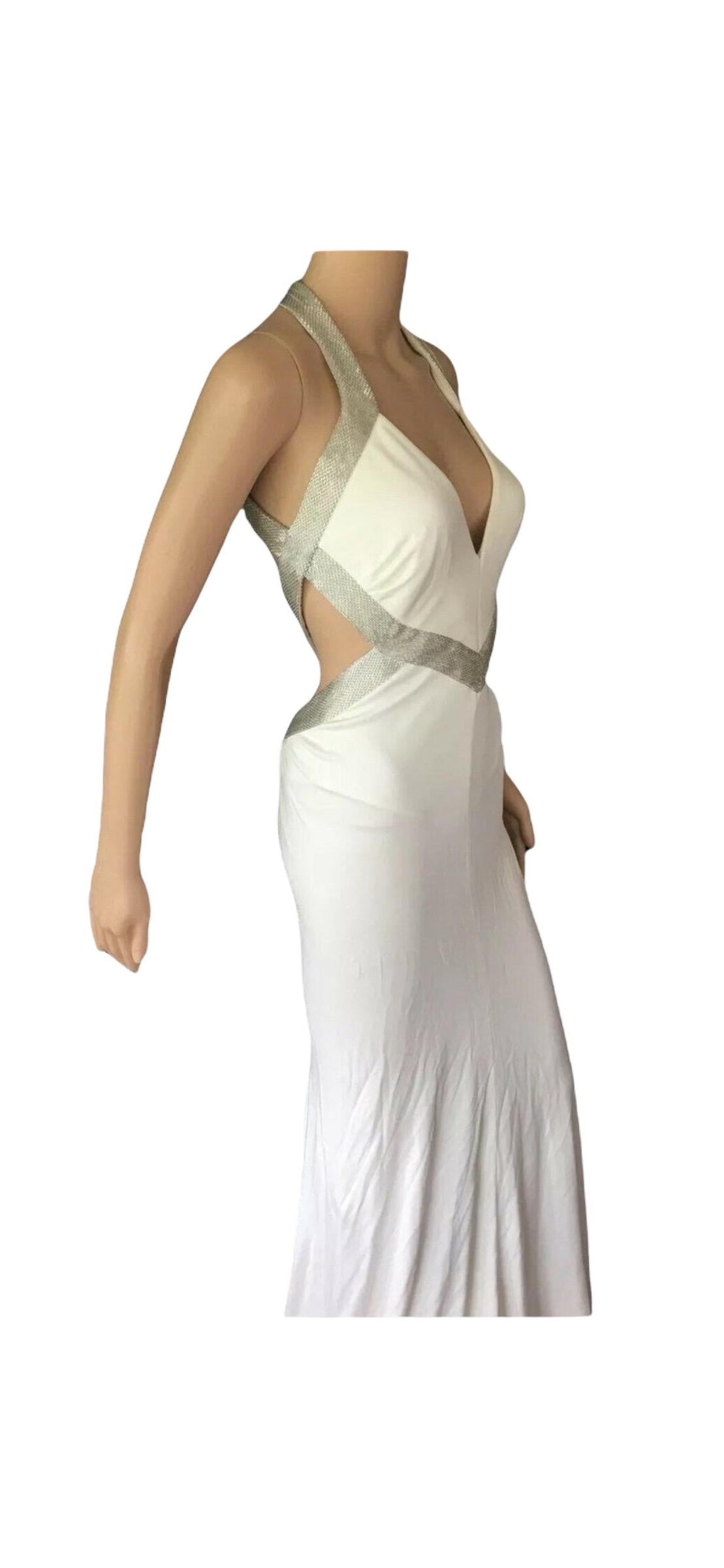 Roberto Cavalli Embellished Cutout Plunged Décolleté Open Back White Evening Dress Gown IT 40
