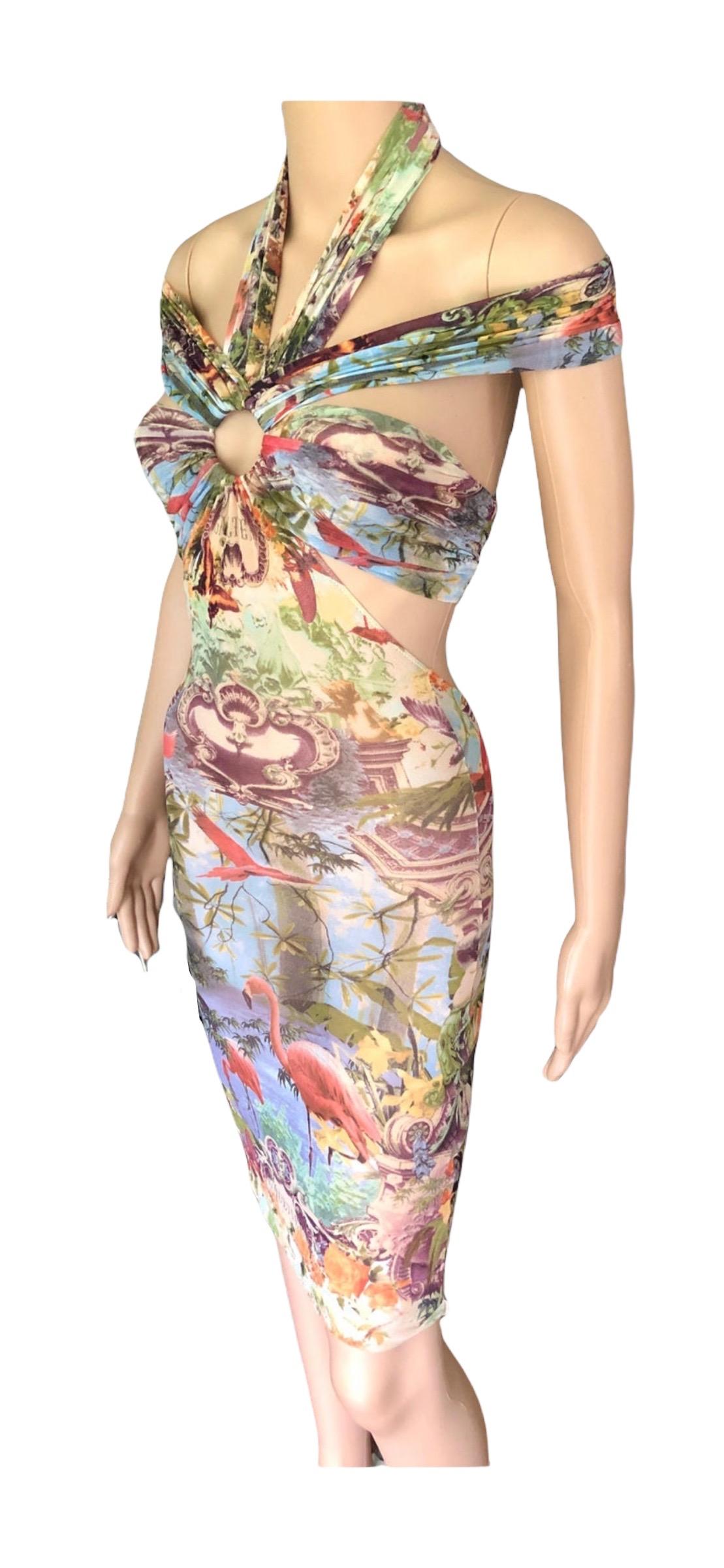 Beige Jean Paul Gaultier Soliel S/S1999 Flamingo Tropical Cutout Sheer Mesh Mini Dress For Sale