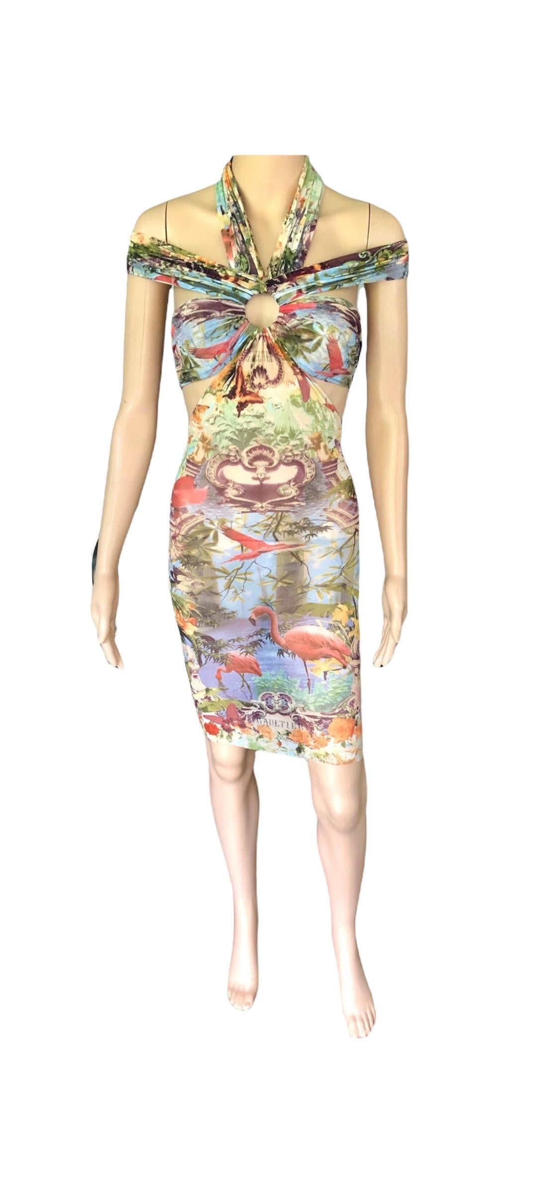 Women's or Men's Jean Paul Gaultier Soliel S/S1999 Flamingo Tropical Cutout Sheer Mesh Mini Dress For Sale
