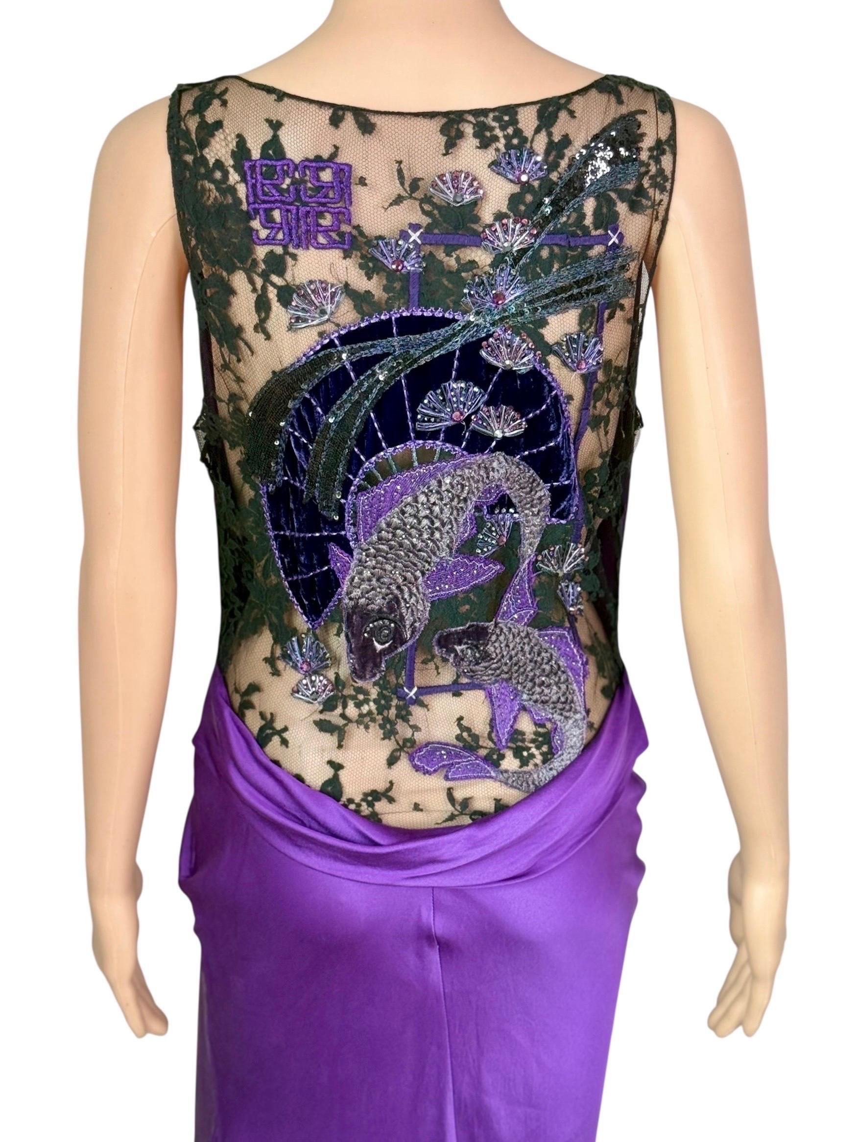 Roberto Cavalli F/W 2006 Laufsteg Verschönertes Hochgeschlitztes Lila Seiden Abendkleid (Violett) im Angebot