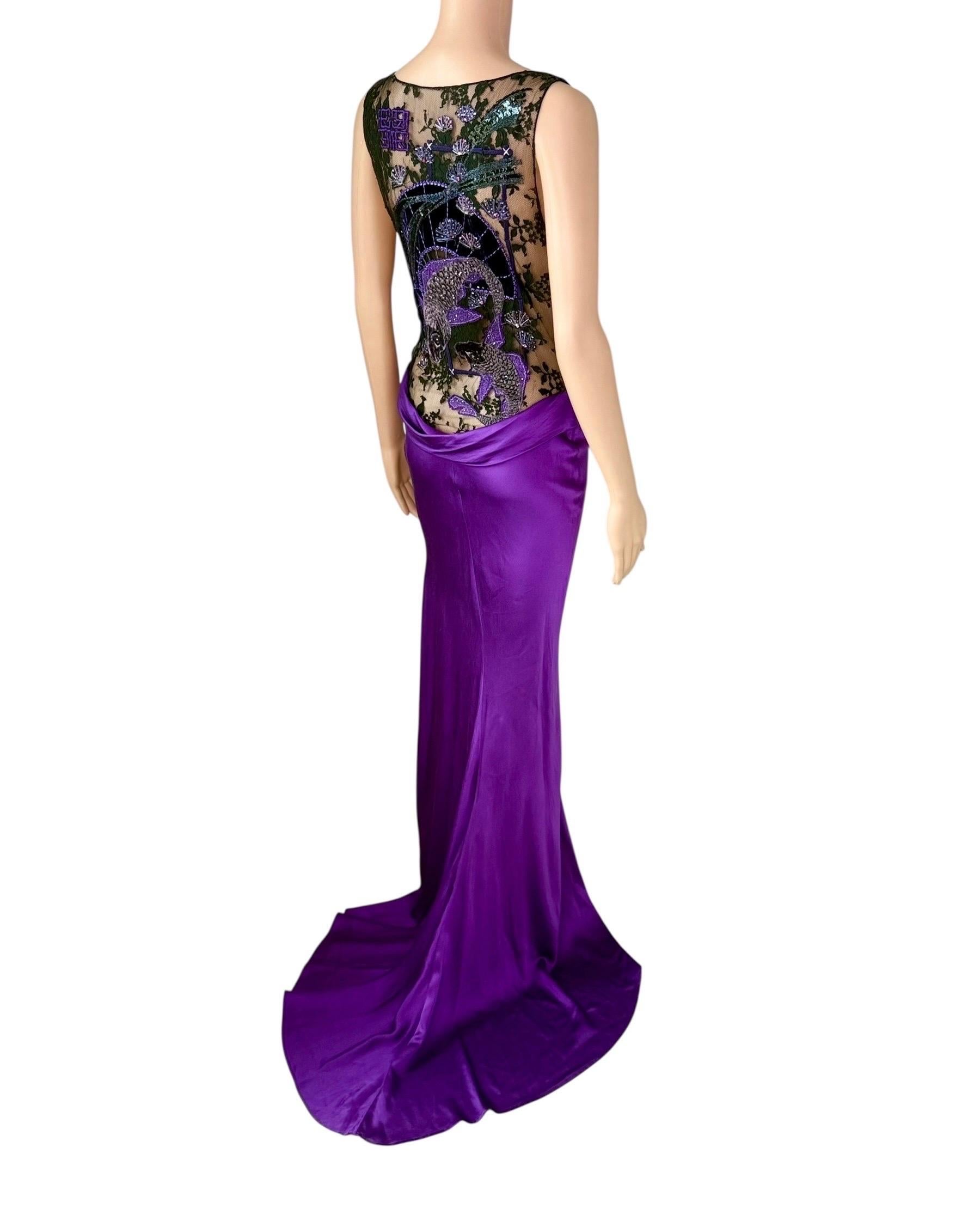 Roberto Cavalli F/W 2006 Laufsteg Verschönertes Hochgeschlitztes Lila Seiden Abendkleid im Angebot 4