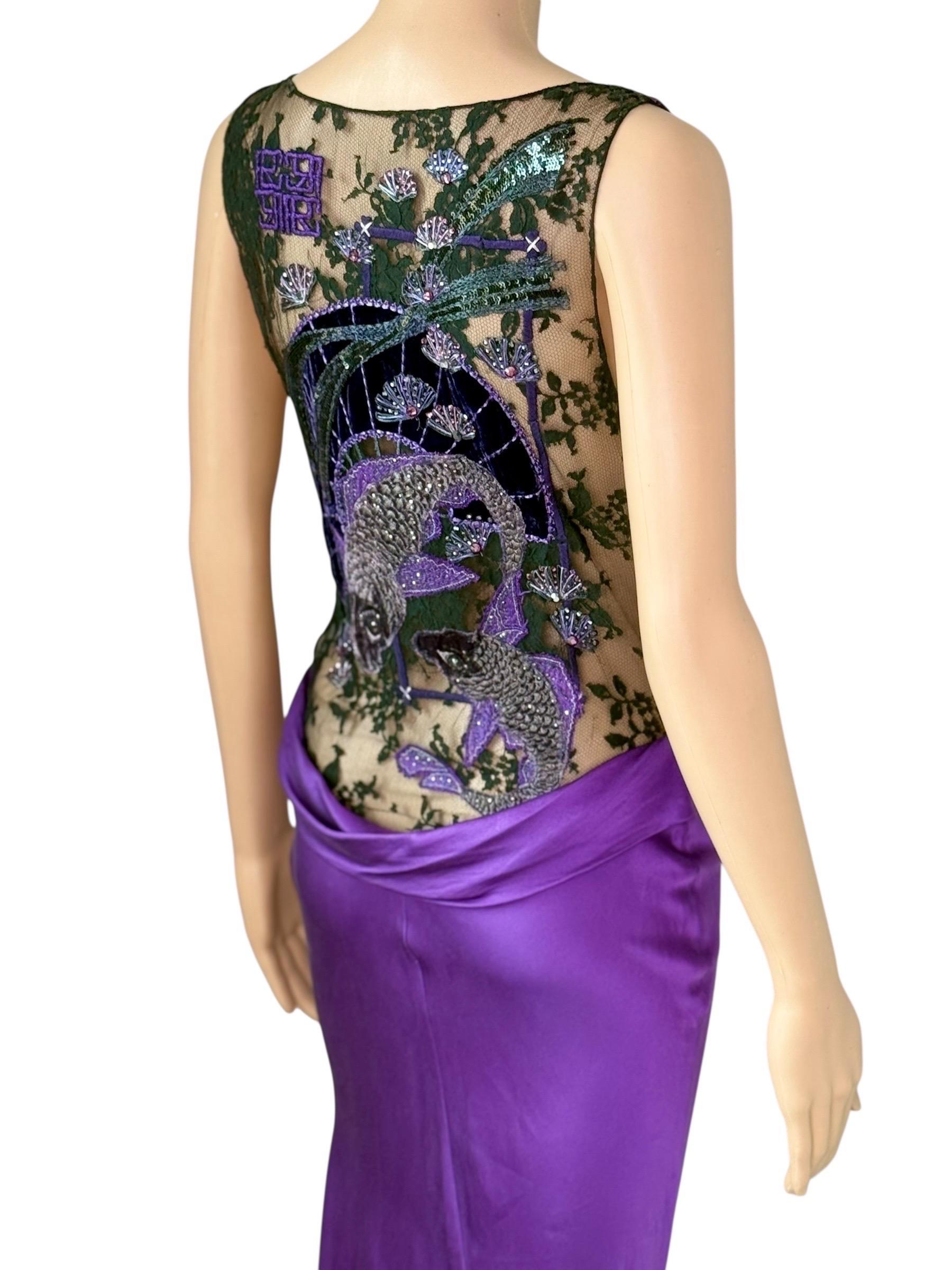 Roberto Cavalli F/W 2006 Laufsteg Verschönertes Hochgeschlitztes Lila Seiden Abendkleid im Angebot 6