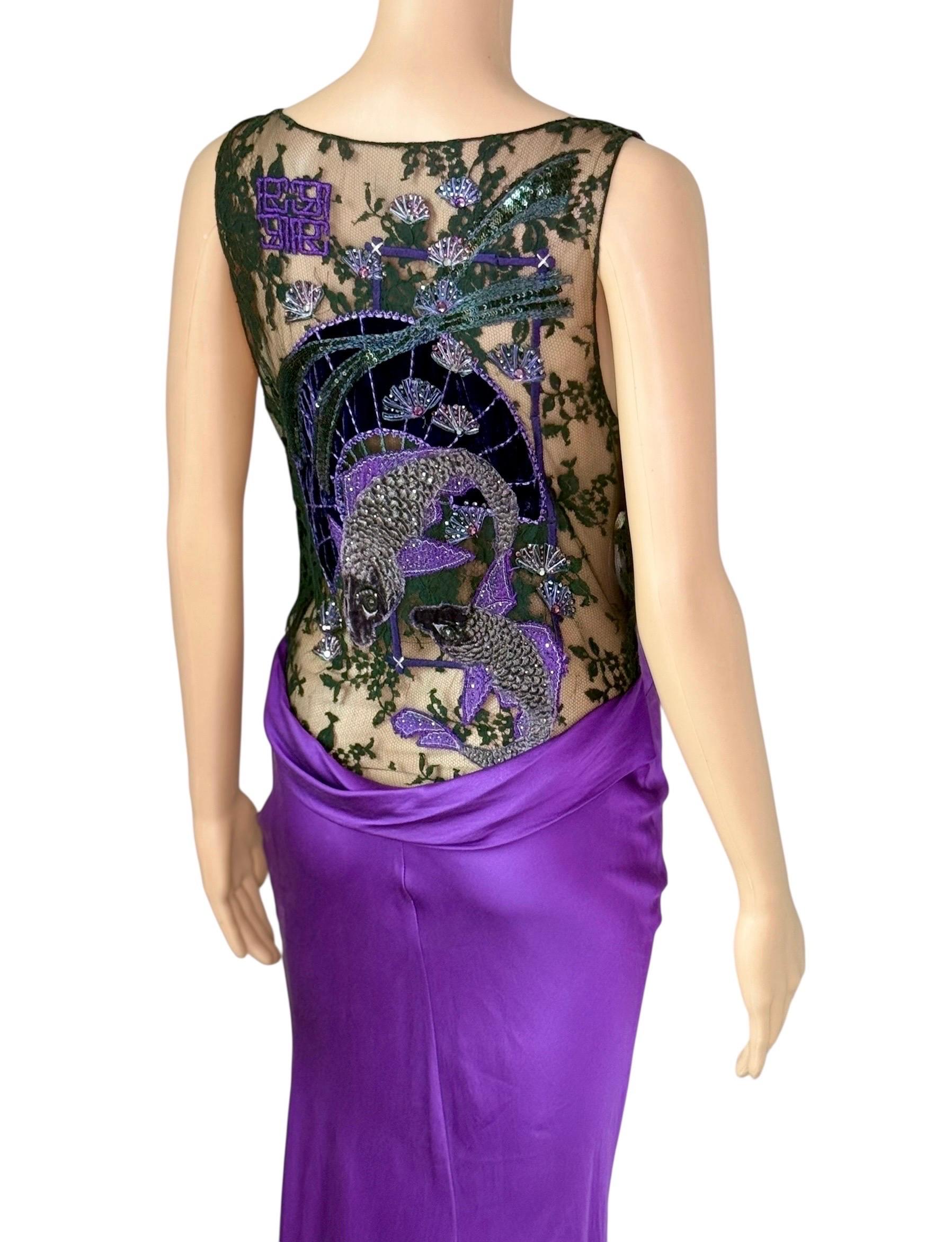 Roberto Cavalli F/W 2006 Laufsteg Verschönertes Hochgeschlitztes Lila Seiden Abendkleid Damen im Angebot