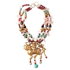 60s Massive Gemstone Beaded Statement Necklace w/ Chinese Dragon Rider Medallion