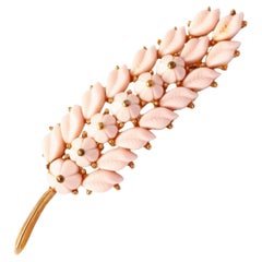 Pink Milk Glass Floral Motif Leaf Brooch By Crown Trifari, 1950s