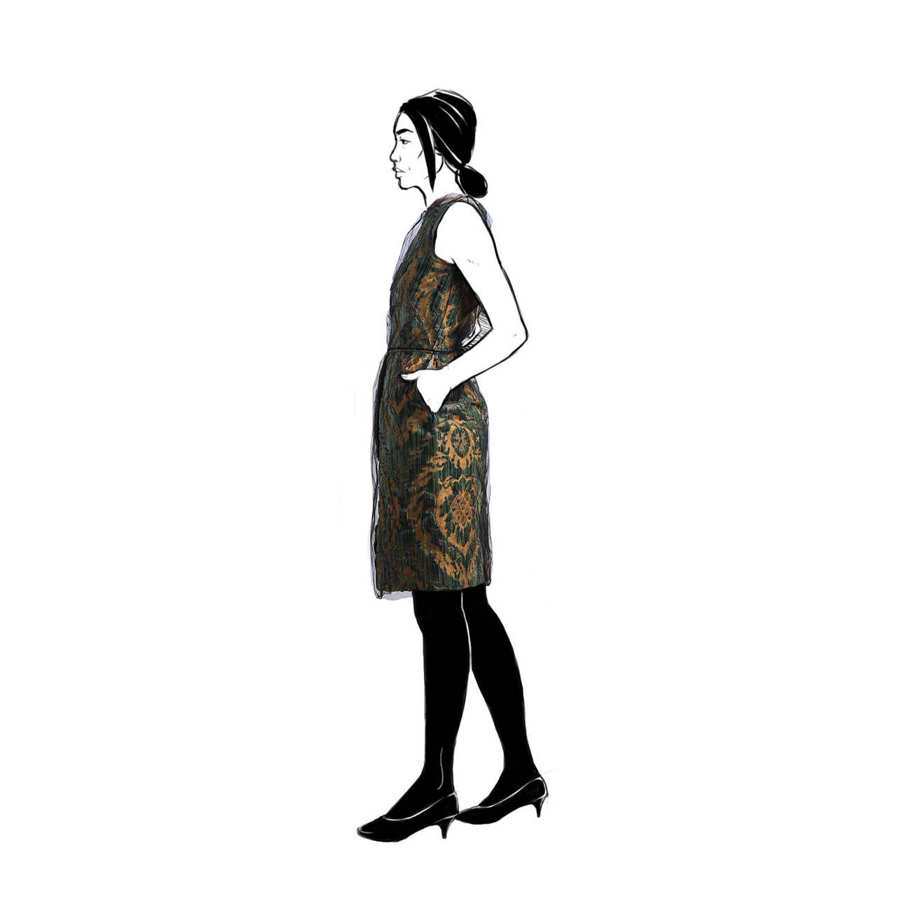 Brocade Dress with gold thread and green velvet in baroque style covered with black tull. From the spring/summer collection 2008.

Italian size 42
