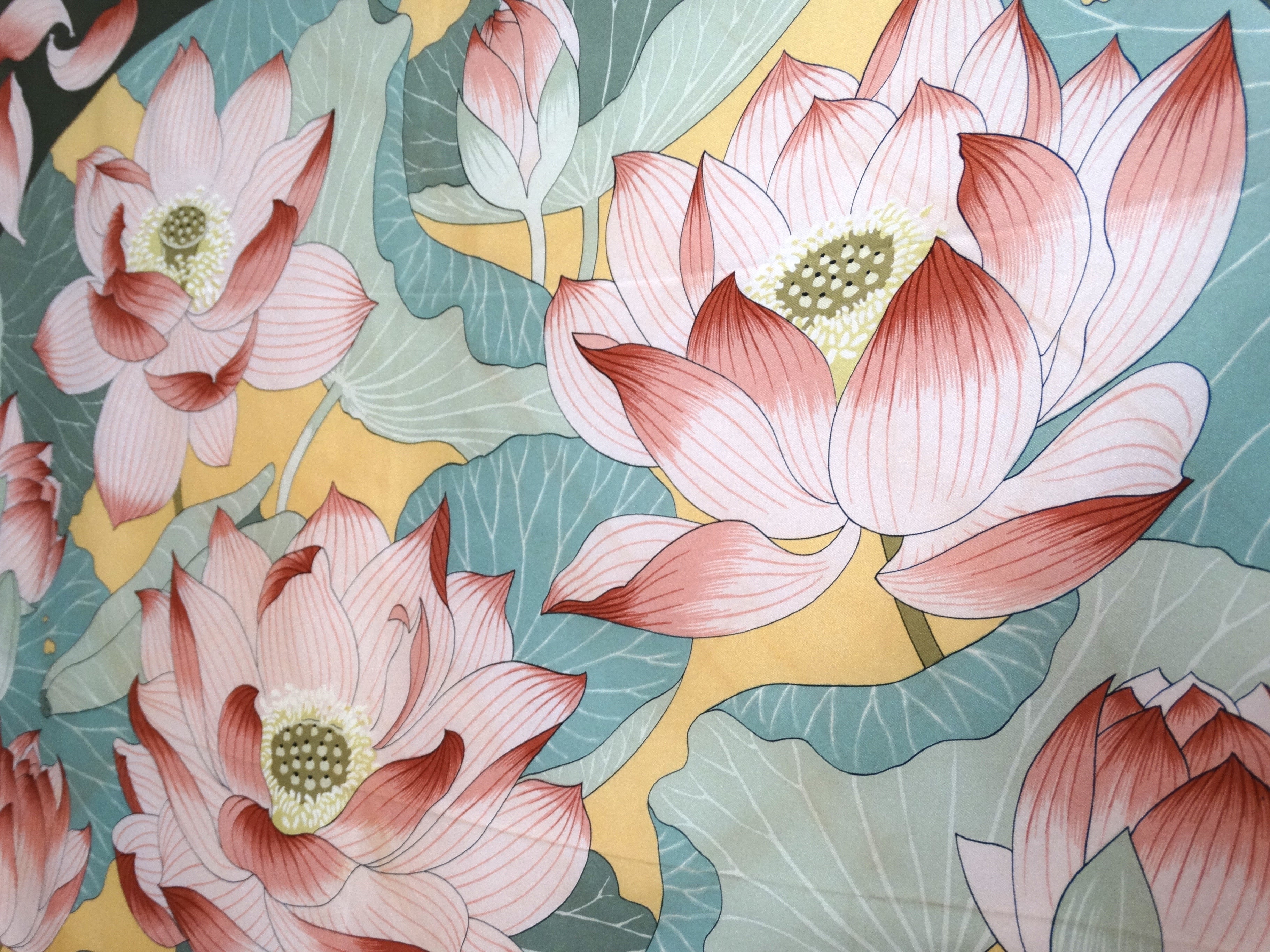 Hermes Silk Twill Scarf Fleurs De Lotus Designed By