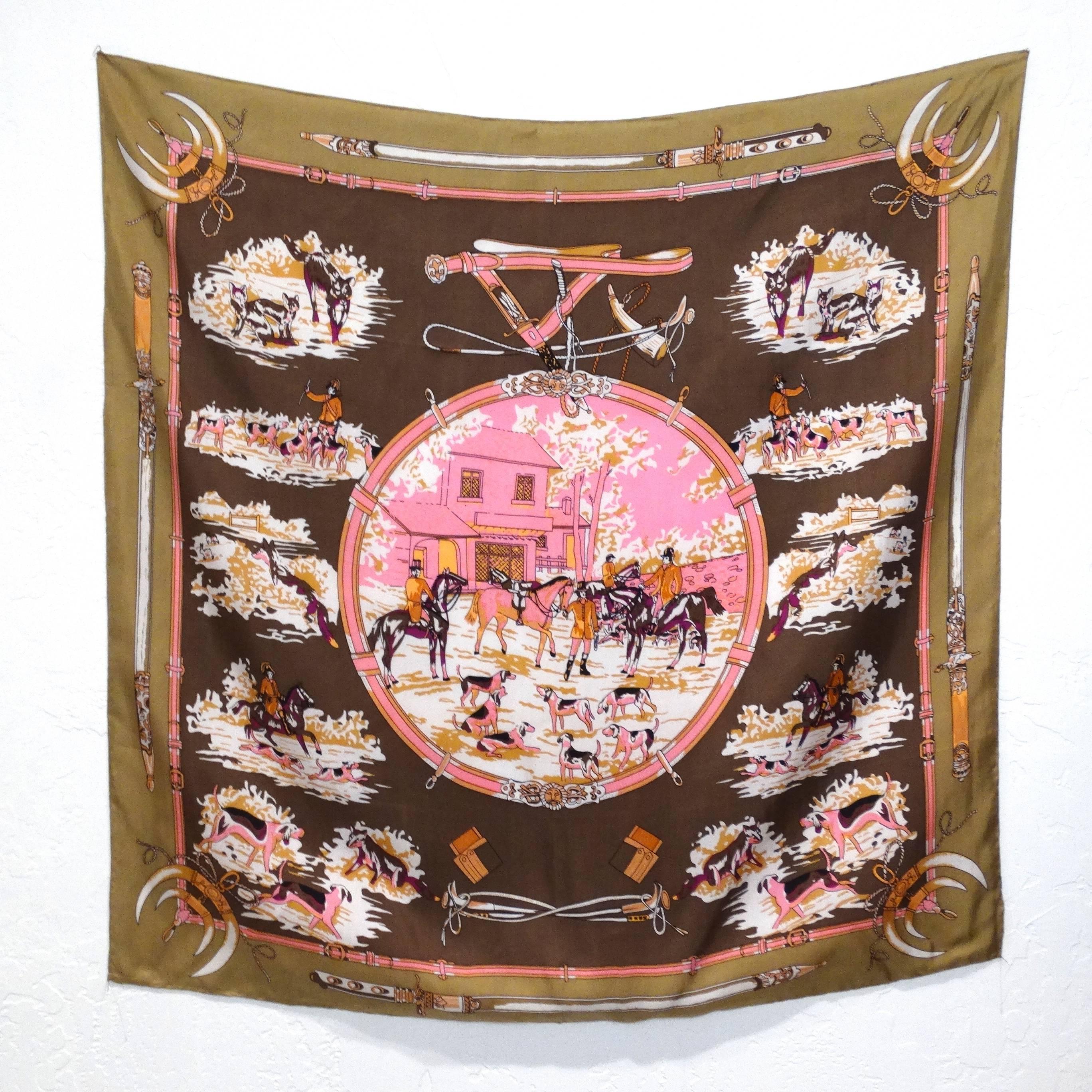 Brown 1970s Hermes Signature Hunting Print Silk Twill Scarf