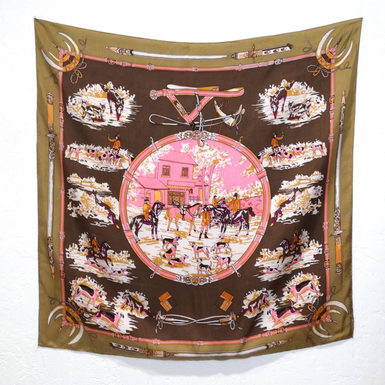 1970s Hermes Signature Hunting Print Silk Twill Scarf For Sale at 1stdibs
