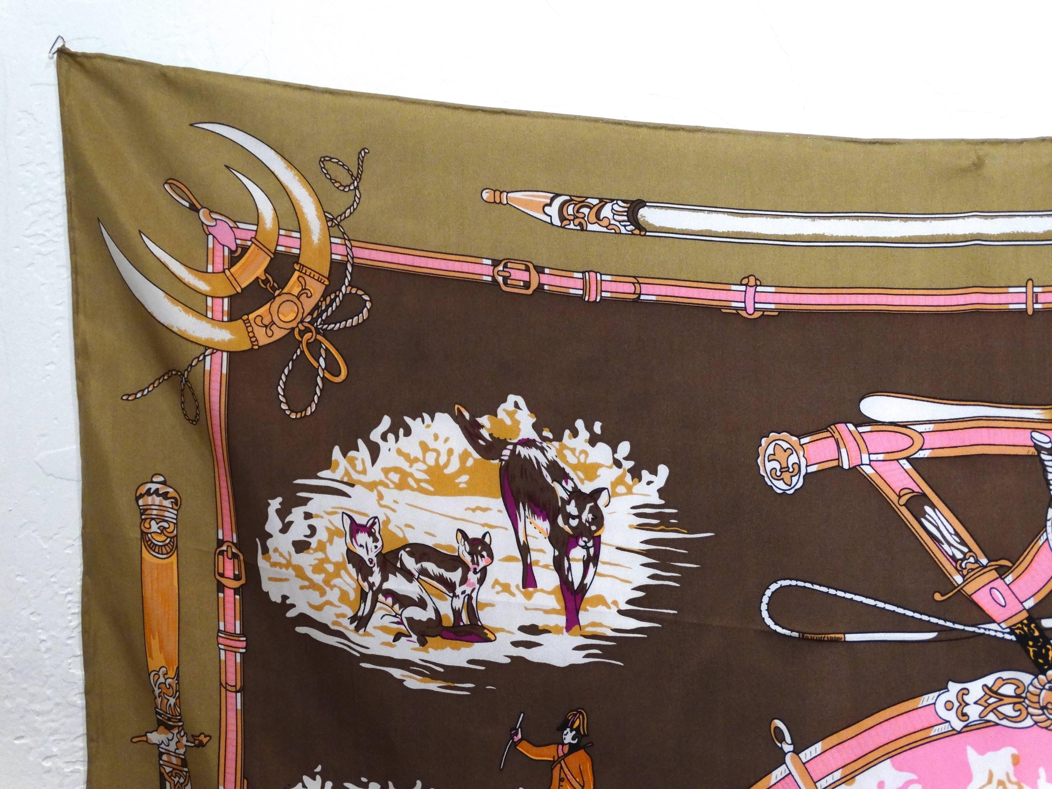 Women's or Men's 1970s Hermes Signature Hunting Print Silk Twill Scarf