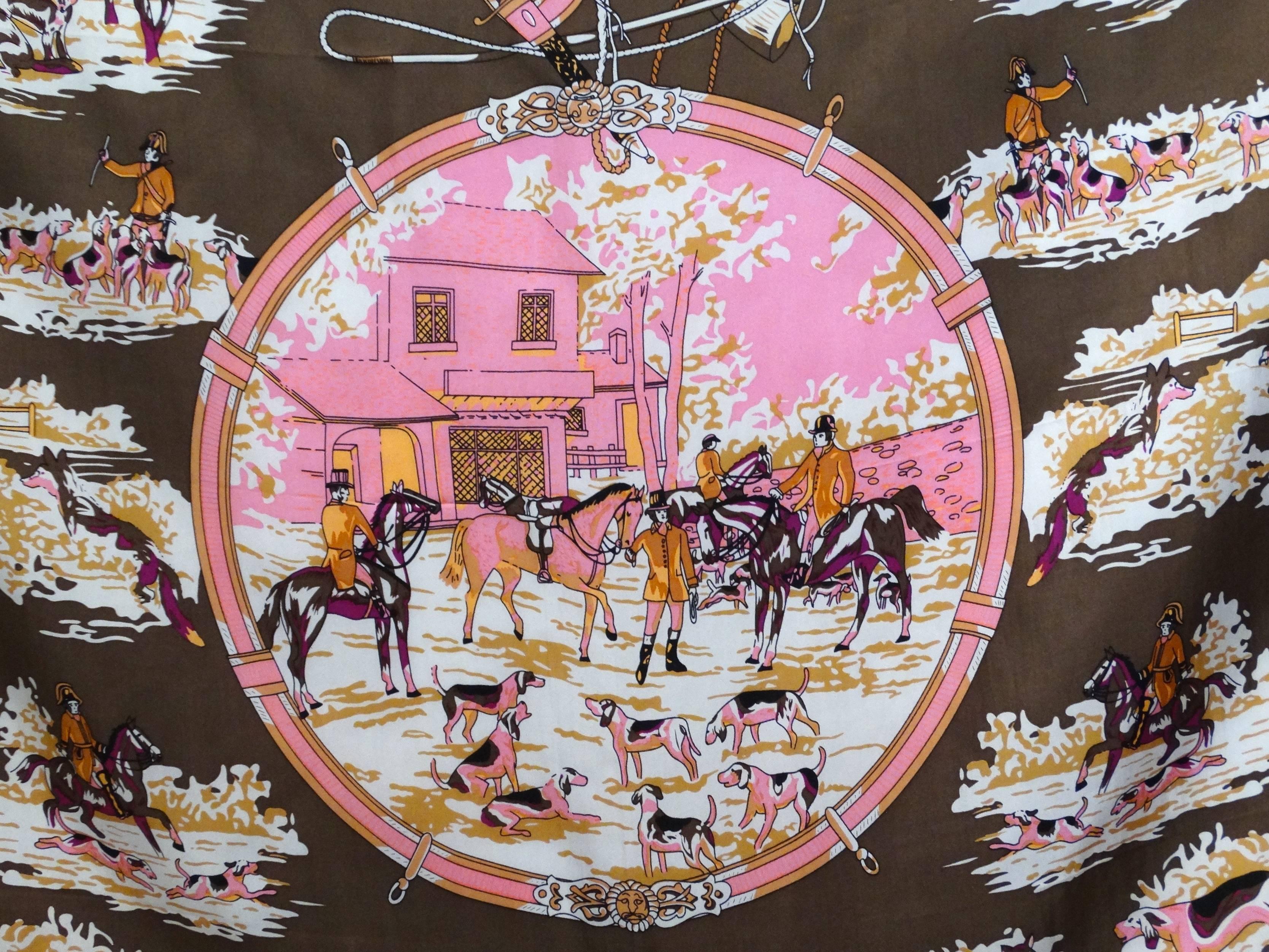 1970s Hermes Signature Hunting Print Silk Twill Scarf 4