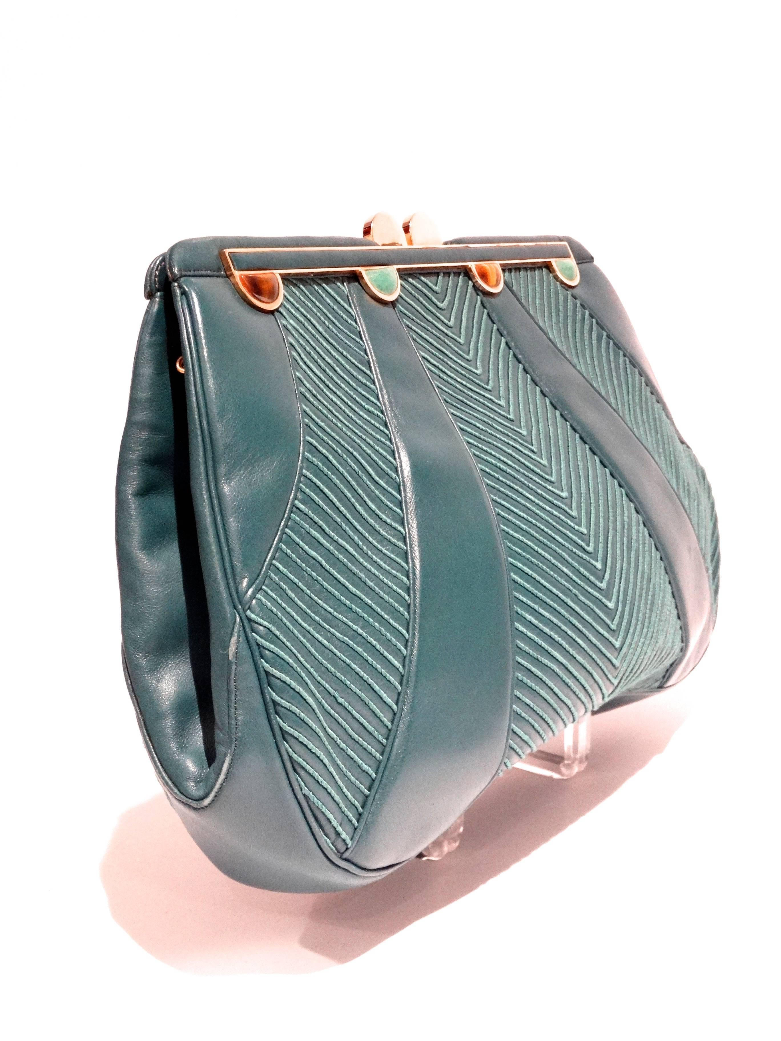 Brand new early 80's Judith Lieber Green chevron pattern leather bag with 