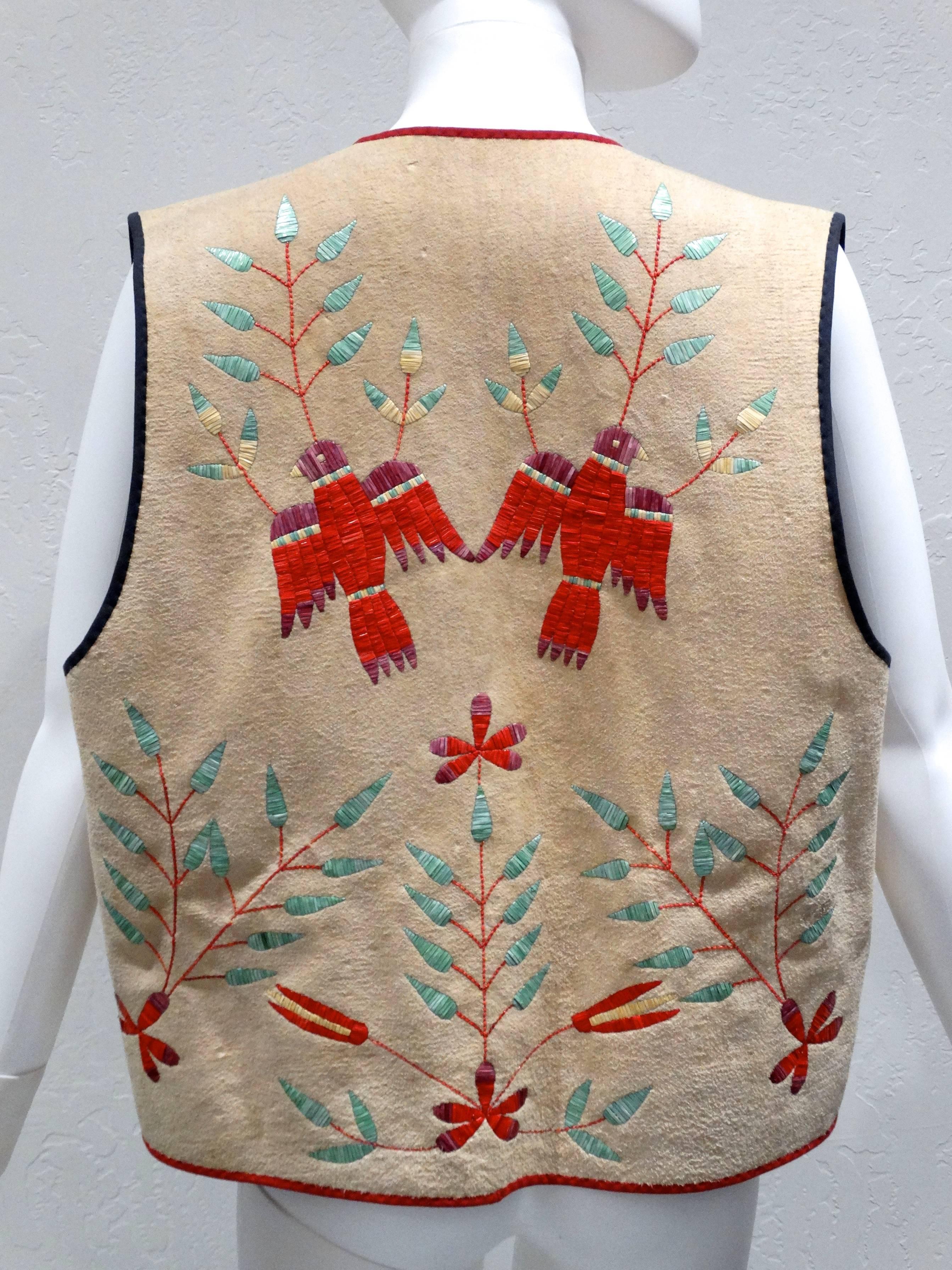 Brown 1940s Native American Quillwork Regalia Vest 