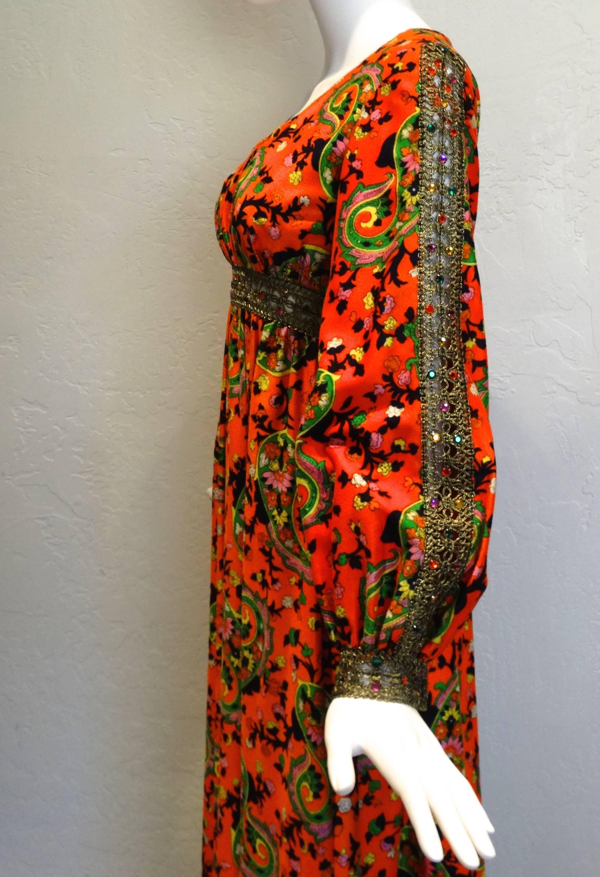 Beautiful vintage Miss Magnin for I.Imagnin maxi dress! Hermes orange bodice, with 3-D 'paisley and floral design mixed together to create a stunning vintage print. Around the waist and down each sleeve like tiny gems in a spiders web, there are