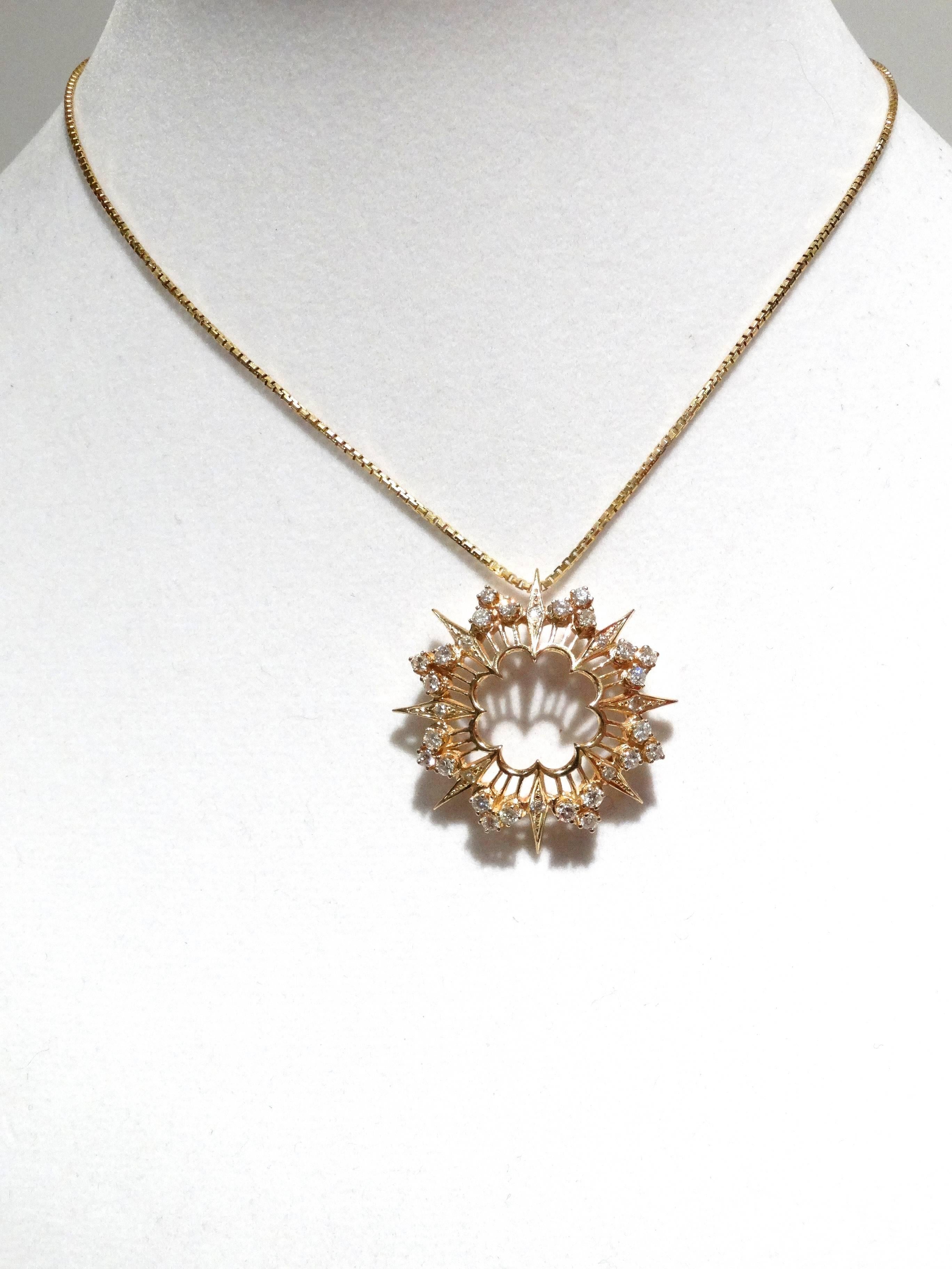Women's 1970s Sunburst Diamond Gold Pendent 