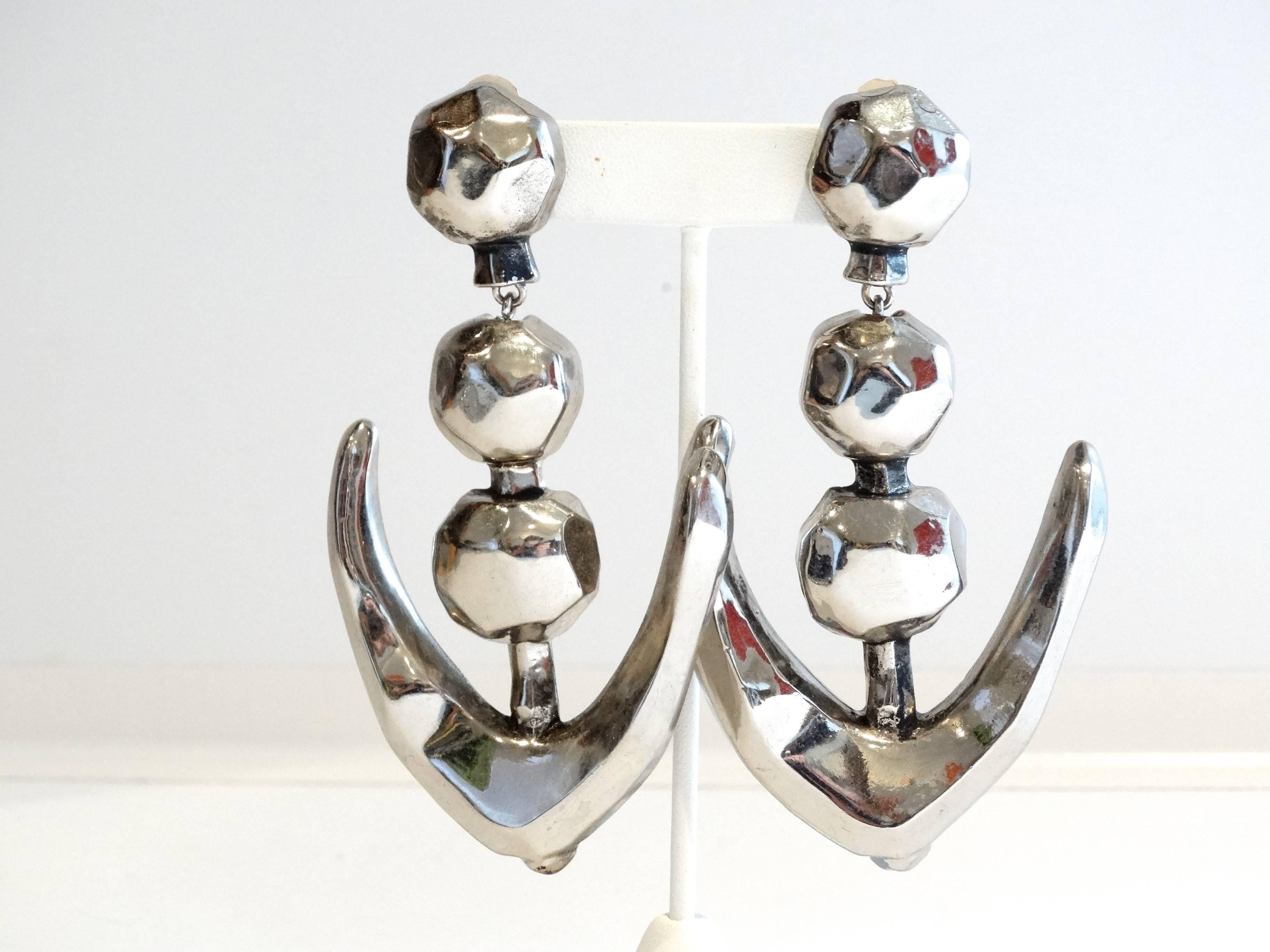 Stunning, right off the runway Christian Lacroix mirrored silver futuristic drop clip-on earrings circa 1980's! Earrings drop 4.5 inches. Very rare find, signed Christian Lacroix France on the back of each pair. Light in weight 