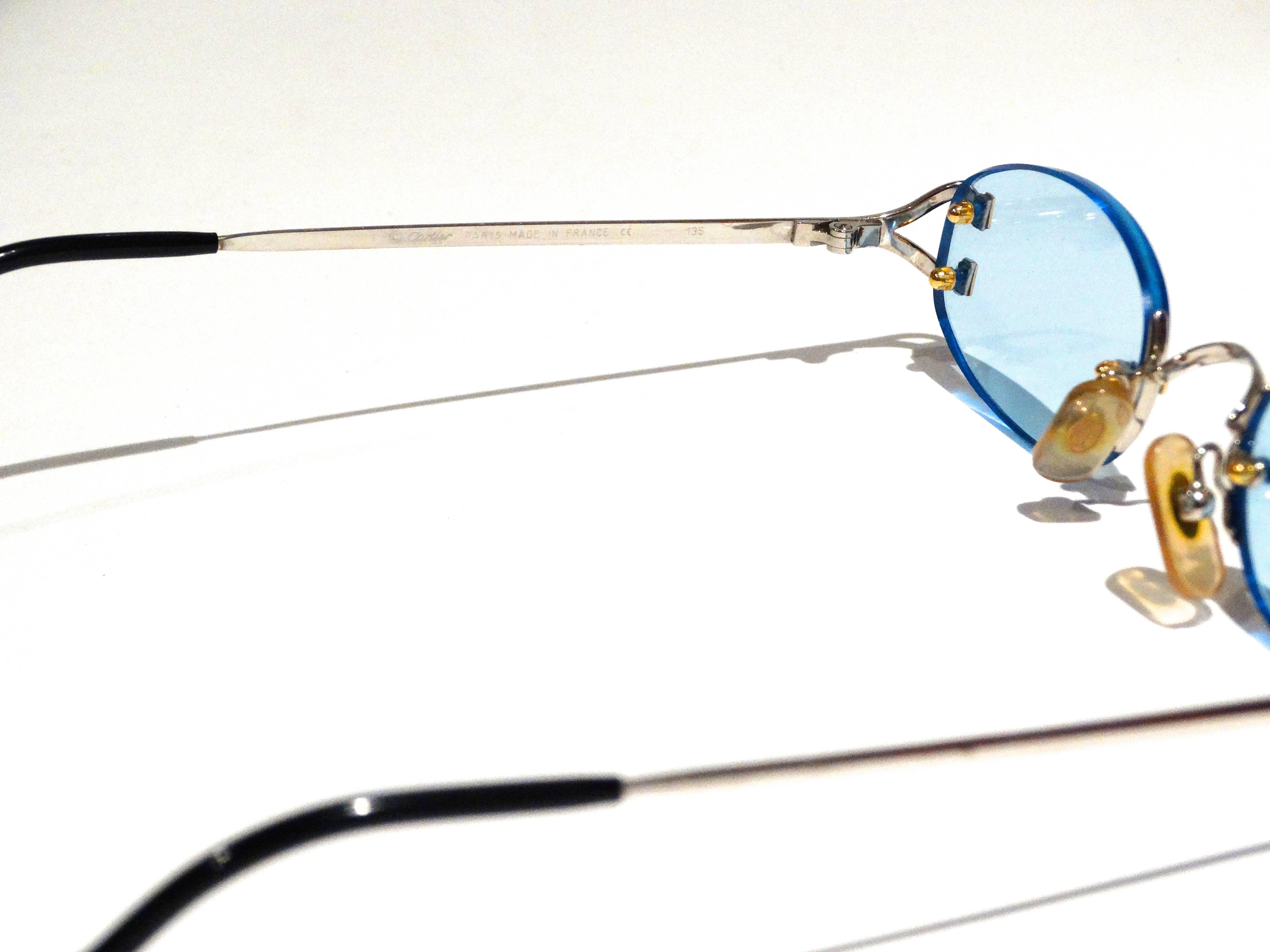 1990s Rimless Cartier Blue Lens Sunglasses  In Excellent Condition In Scottsdale, AZ