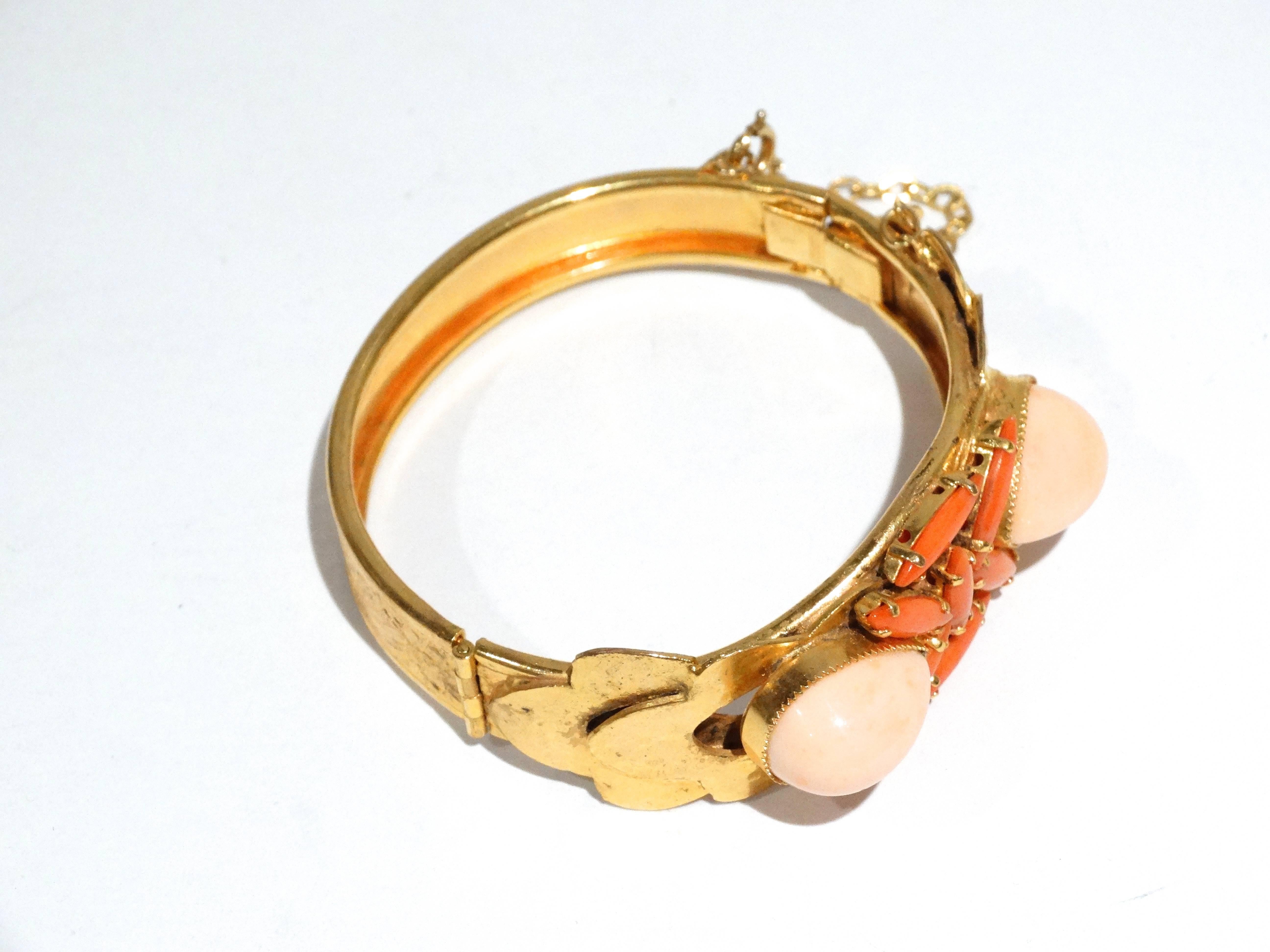 1970s William De Lillo Faux Coral  Floral Etched Bracelet In Excellent Condition In Scottsdale, AZ