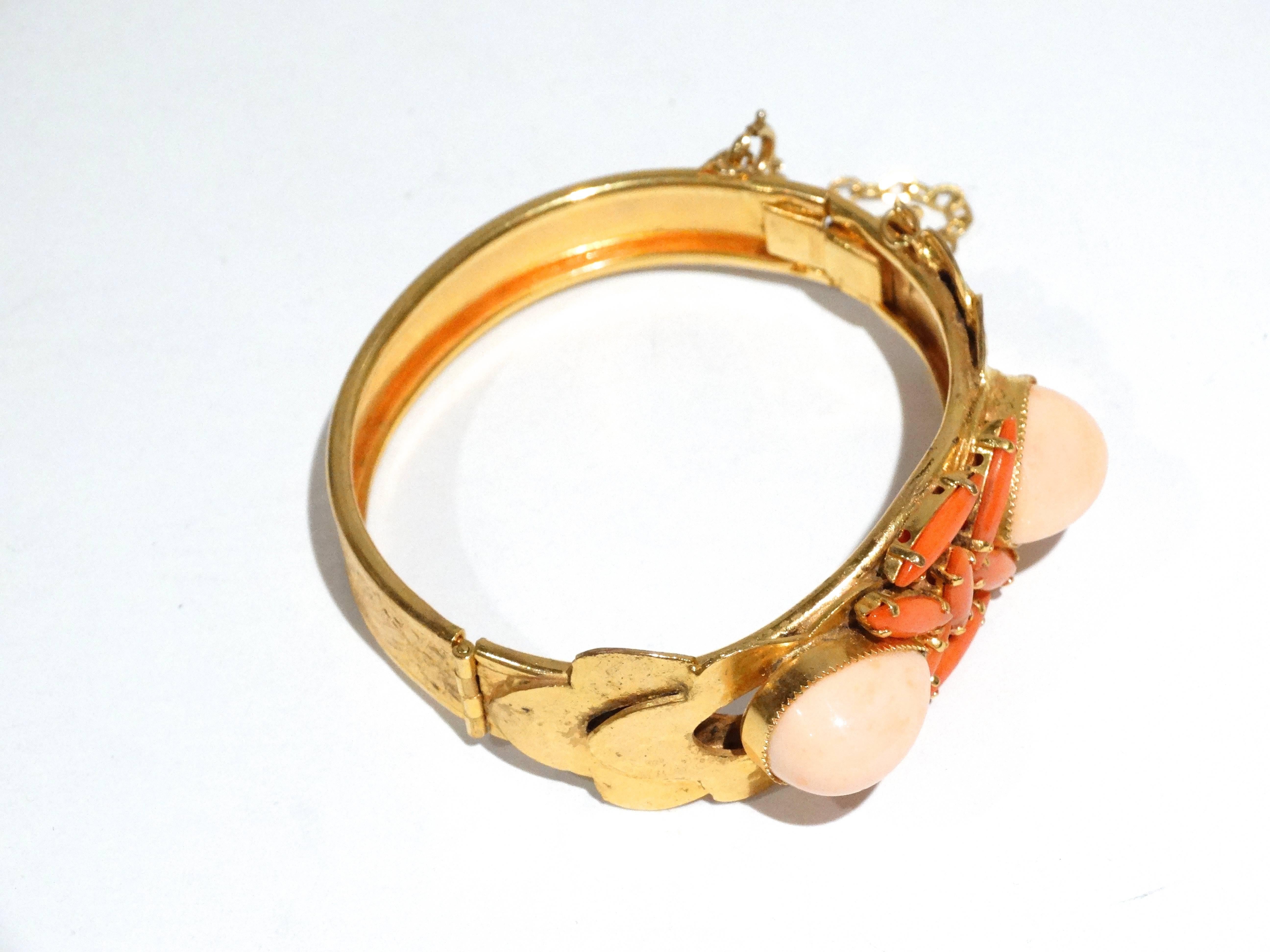 1970s William De Lillo Faux Coral  Floral Etched Bracelet  In Excellent Condition In Scottsdale, AZ