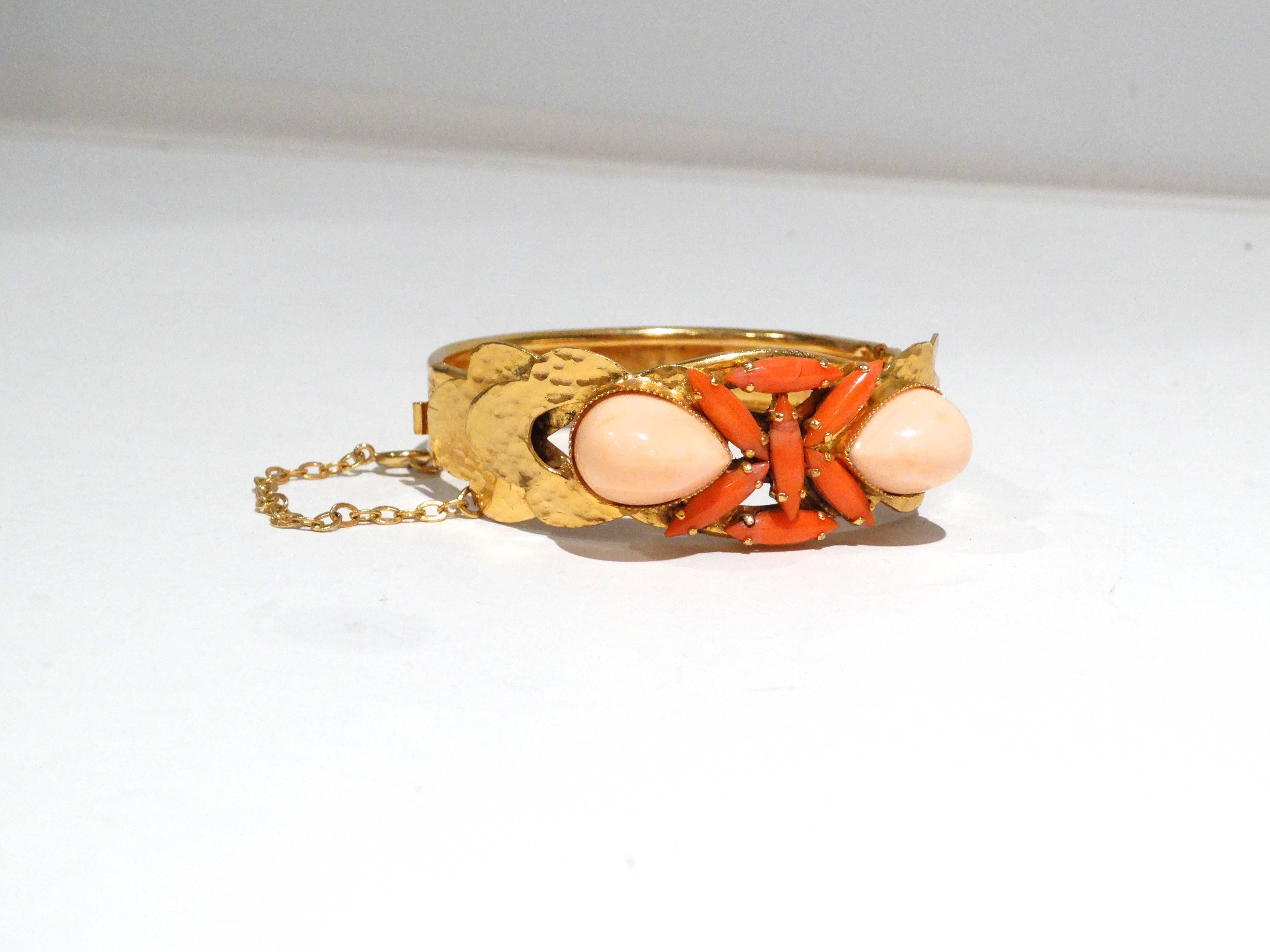 Women's 1970s William De Lillo Faux Coral  Floral Etched Bracelet