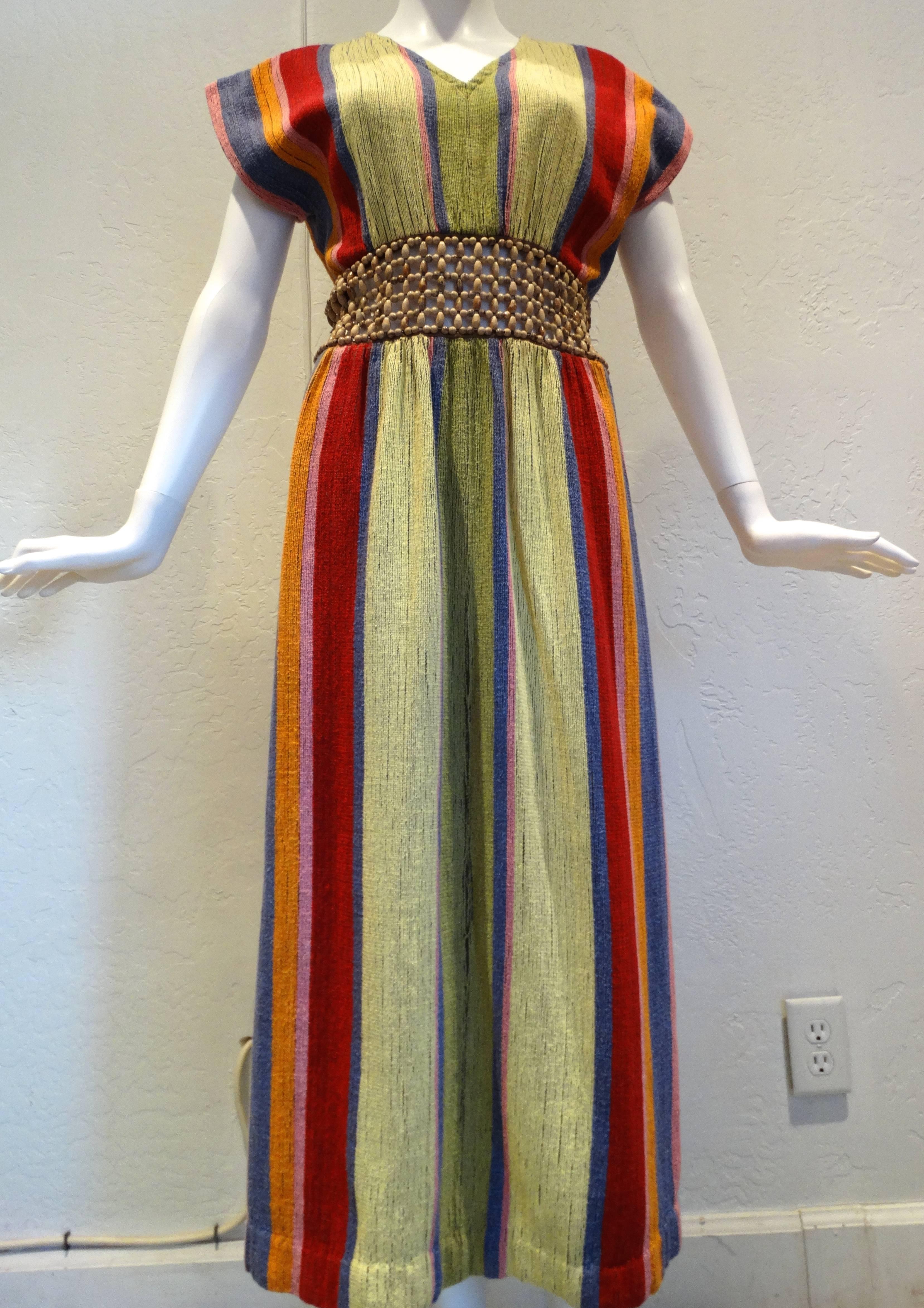 1970s Rikma Bohemian Dress w/ Wooden Macrame Waist 1