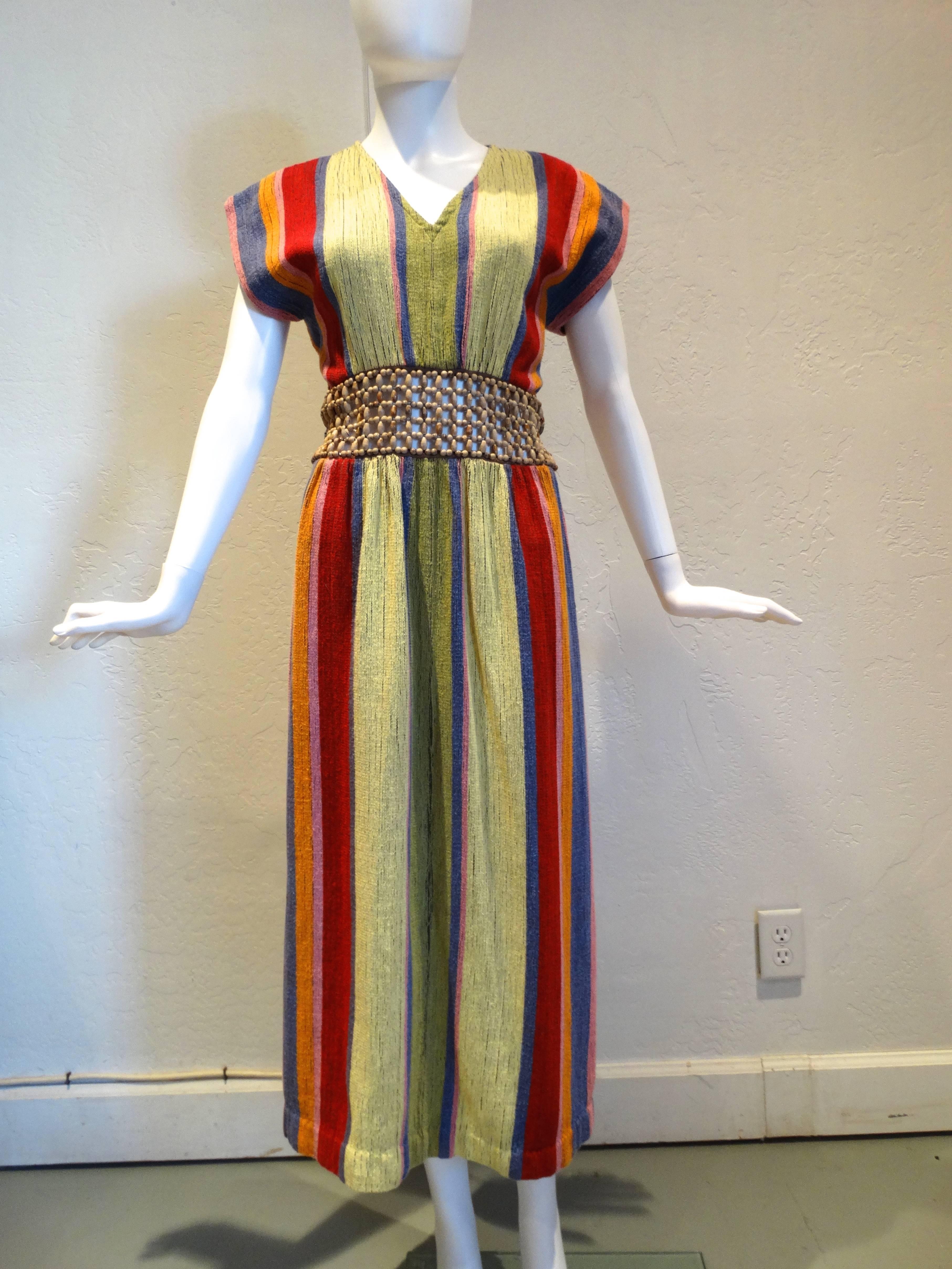 1970s Rikma Bohemian Dress w/ Wooden Macrame Waist In Excellent Condition In Scottsdale, AZ