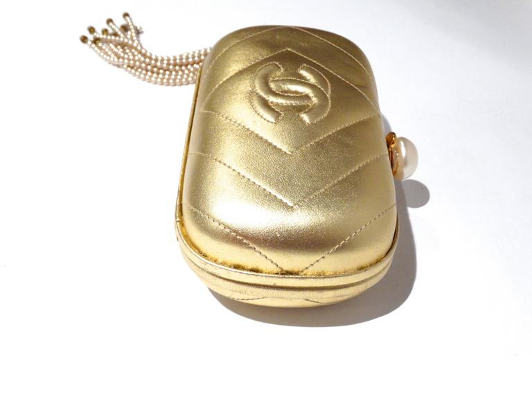 1980s Gold Chanel Clutch with Pearl Tassel