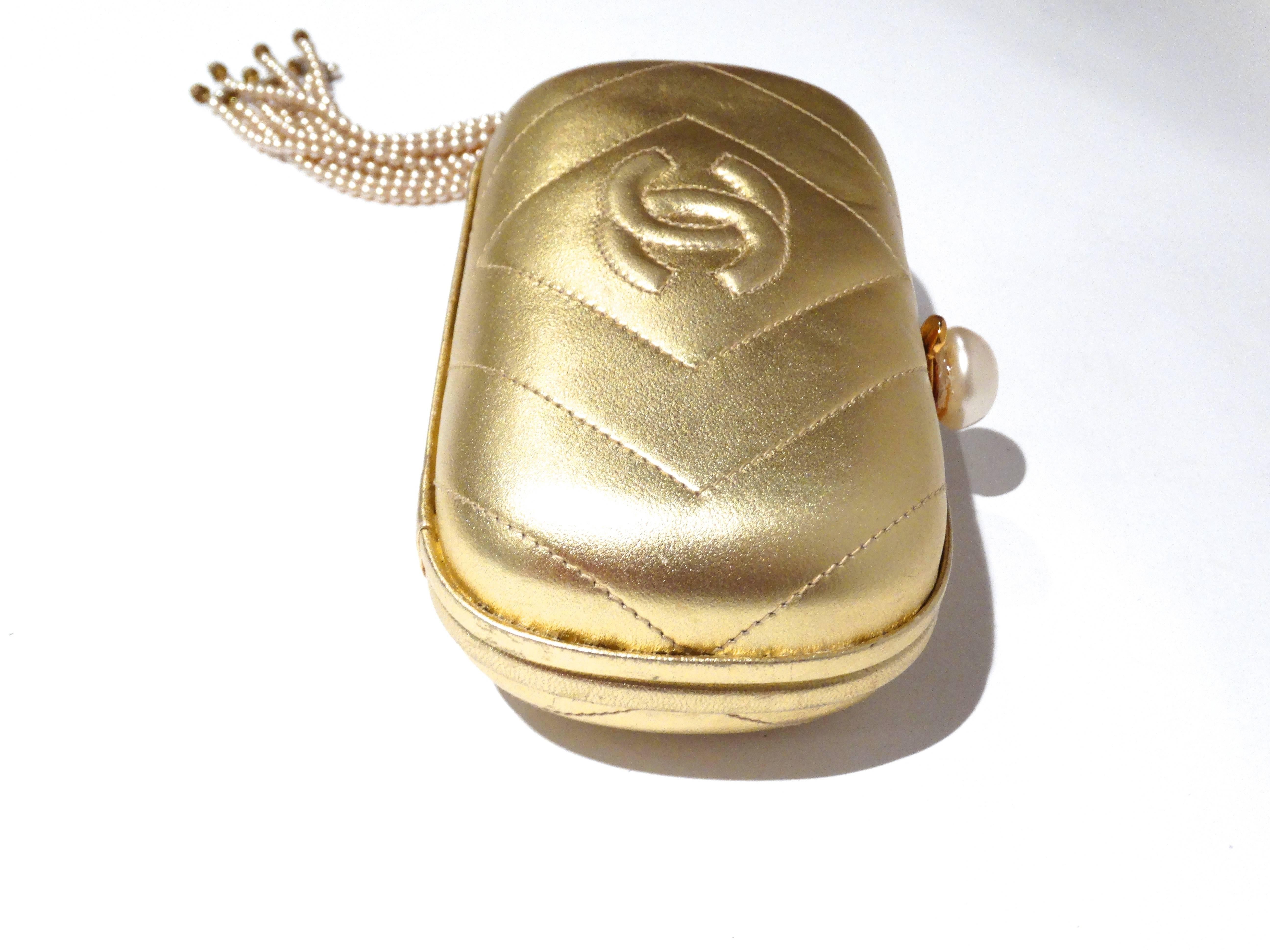 1980s Gold Chanel Clutch with Pearl Tassel  2