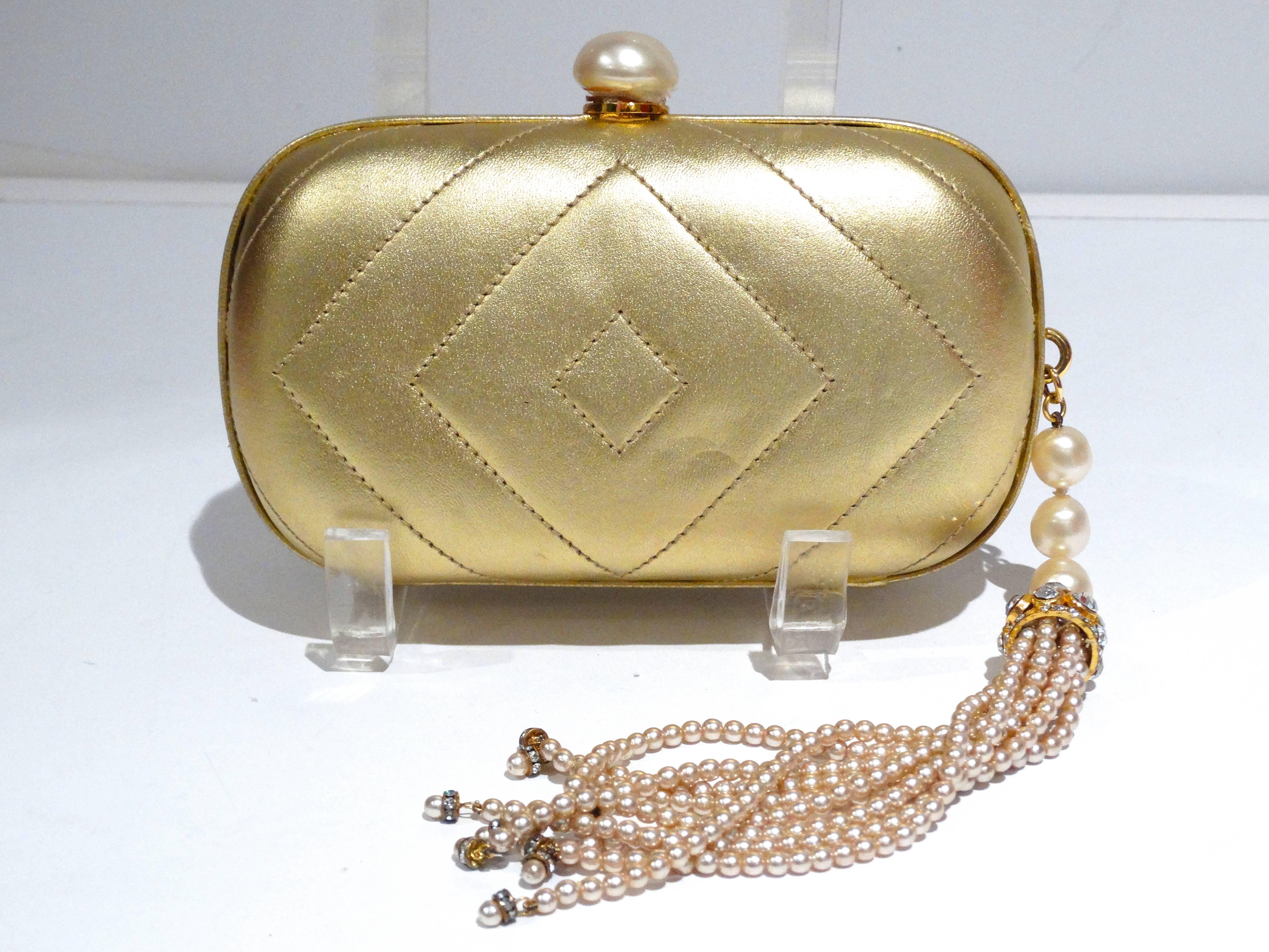 1980s Gold Chanel Clutch with Pearl Tassel 1