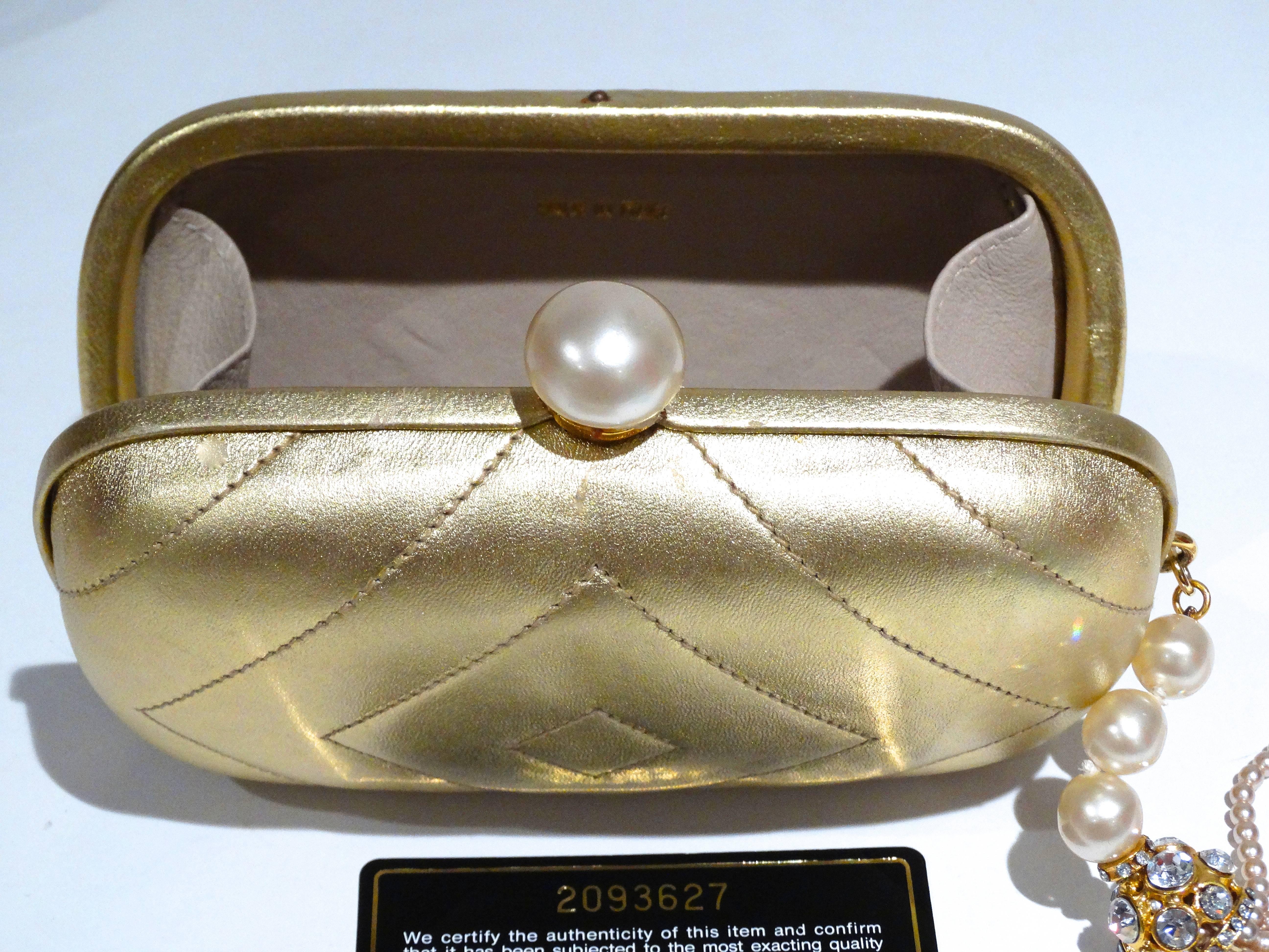 1980s Gold Chanel Clutch with Pearl Tassel  In Excellent Condition In Scottsdale, AZ