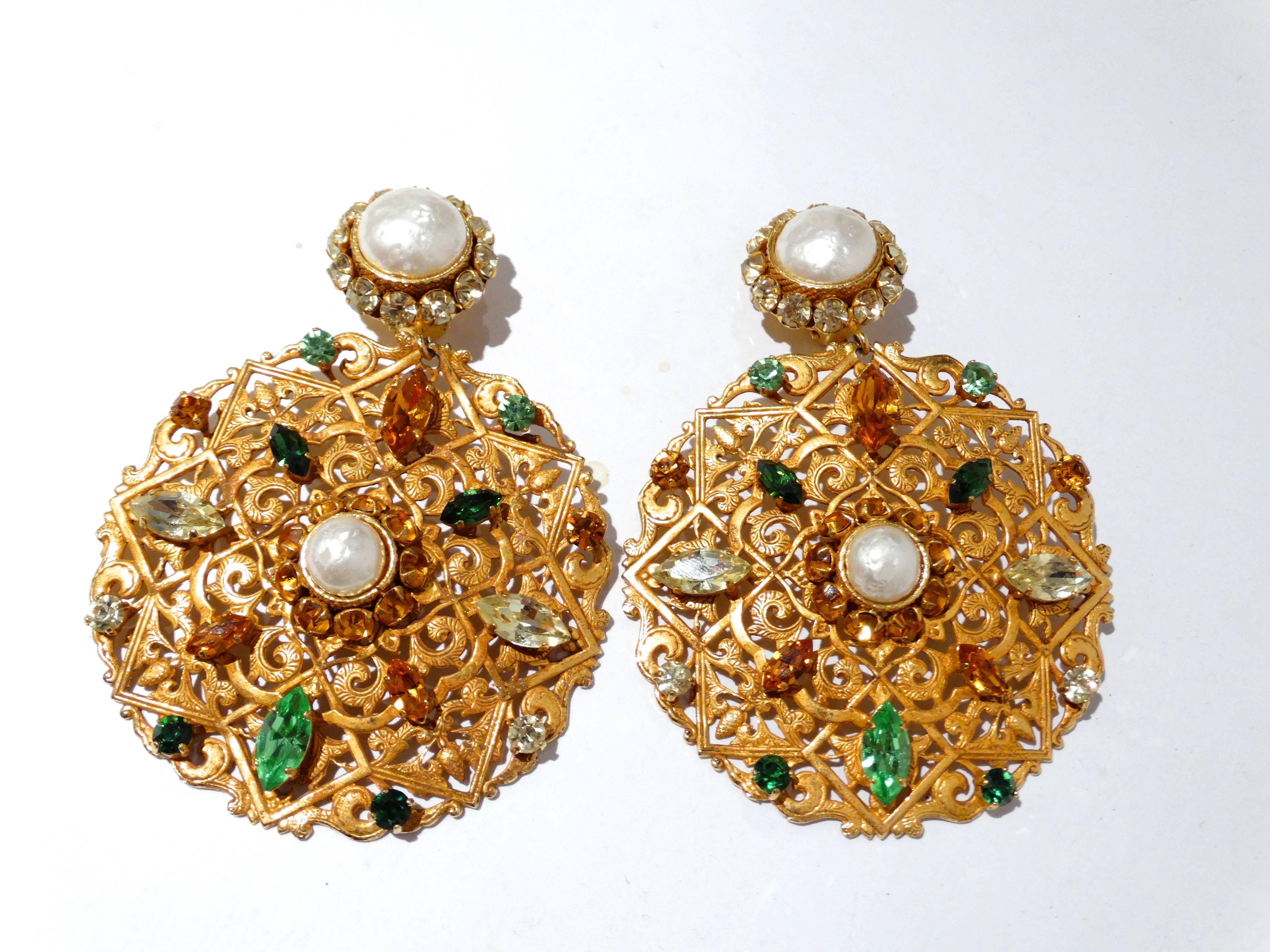 Beautiful 1980's Dominique Aurientis runway clip earrings. Features large top faux pearl with large medallion moroccan lace disc with pearls and rhinestones. A true piece of art, both earrings signed Dominique Aurients Paris. Clip closures in
