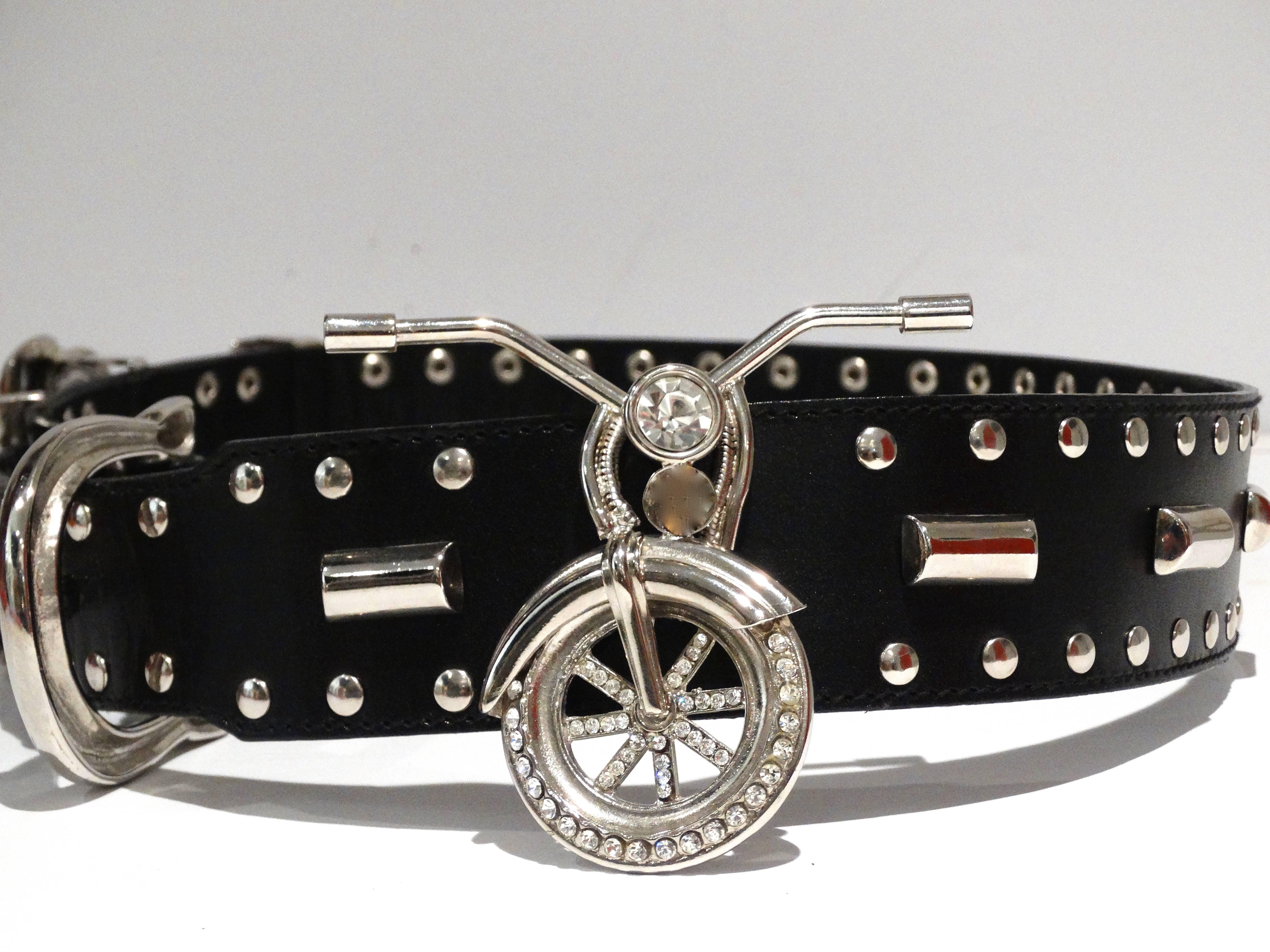 Iconic Gianni Versace mens Runway Motorcycle Belt size 85 Nickel heavy with featured Motorcycle parts with crystal details. Studded out with large buckle closure. Belt measures 39